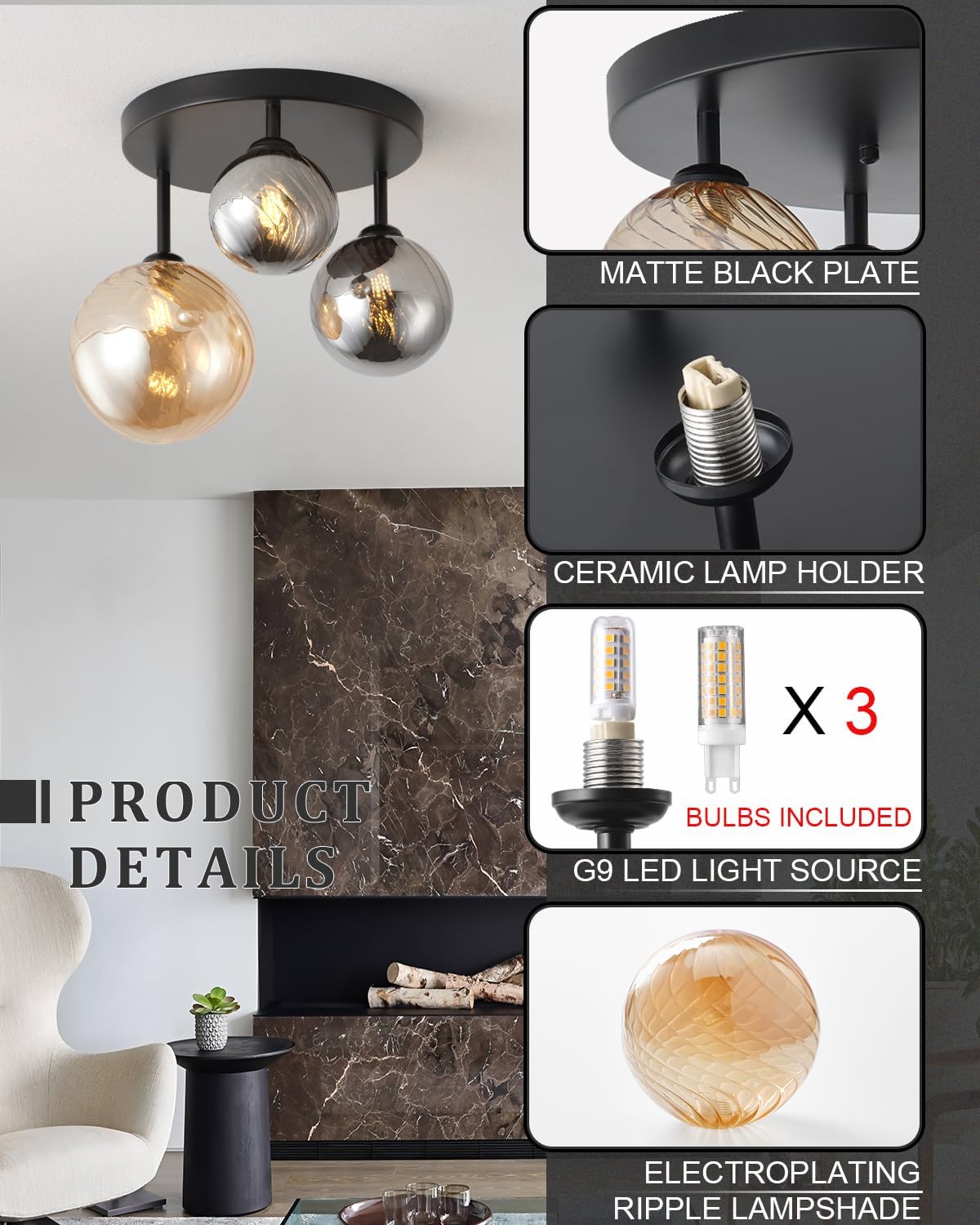 ANYLOVE Modern Chandelier 3-Light Industrial Ceiling Lights Fixture 12" Black Semi Flush Mount Ceiling Light with G9 Base Lights Fixture for Dining Room Bedroom Foyer Hallway Living Room