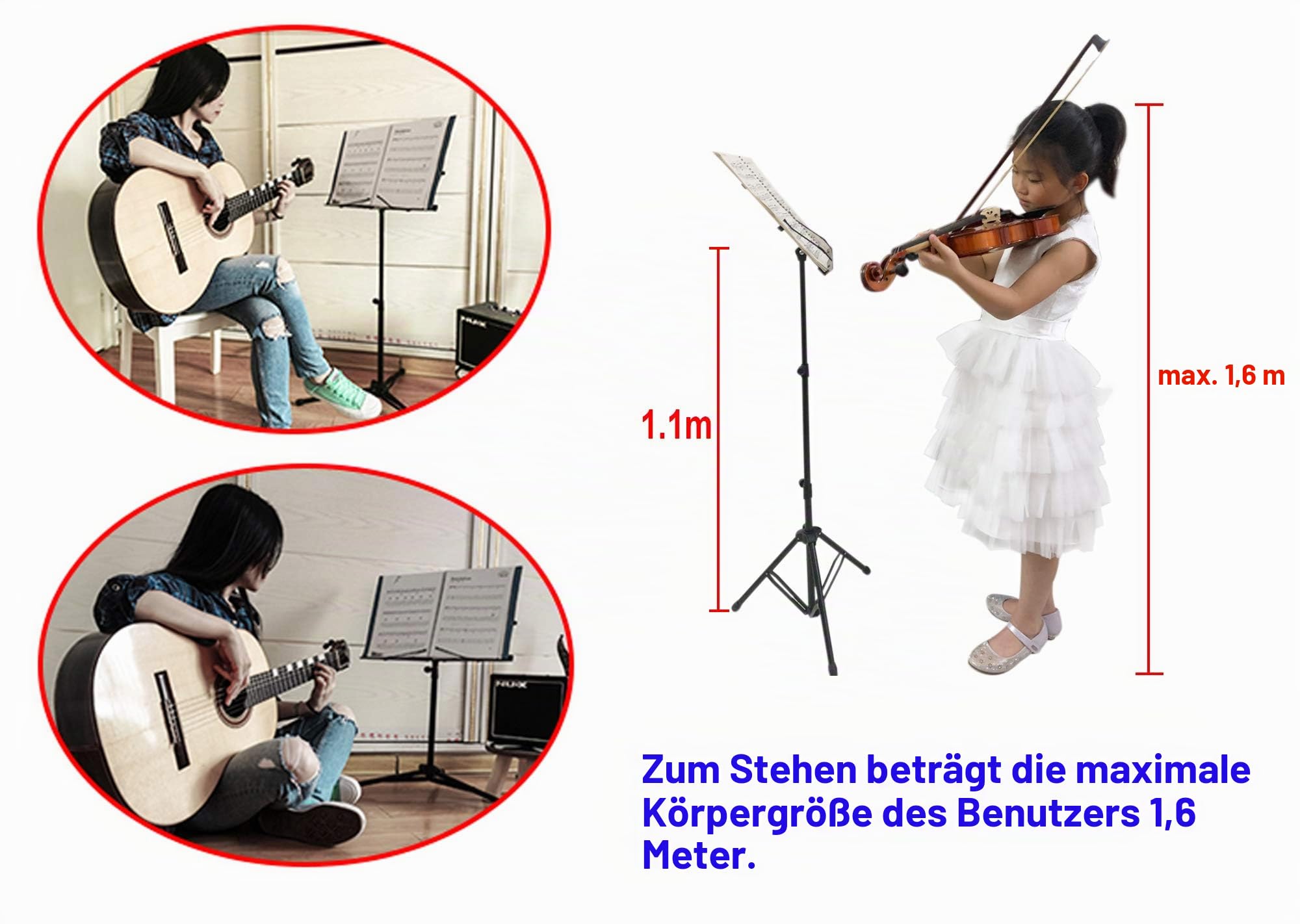 Rayzm Musik Notenständer, Robuster tragbarer klappbarer Metallständer mit Tragetasche, Einstellbare Höhe, Maximale Belastbarkeit 1,5kg, Leicht und Kompakt zum lagern und reisen