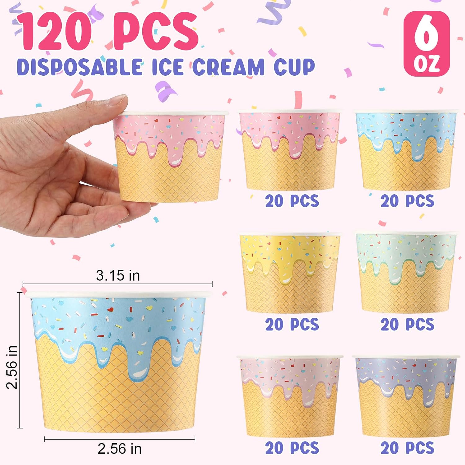 jingmore 120 pcs ice cream bowls paper ice cream cups 4/6/8 oz containers bulk 6 colors disposable sundae bowls for dessert frozen yogurt birthday summer baby shower party bar supplies (6 oz) 120 6 oz