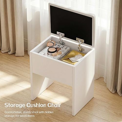 Miniatura 7 de FUXA Vanity Desk with Mirror and Power Outlet, Makeup Vanity with 10 Bulbs and 3 Light Modes, Vanity Table Set with Storage Drawers Shelves and