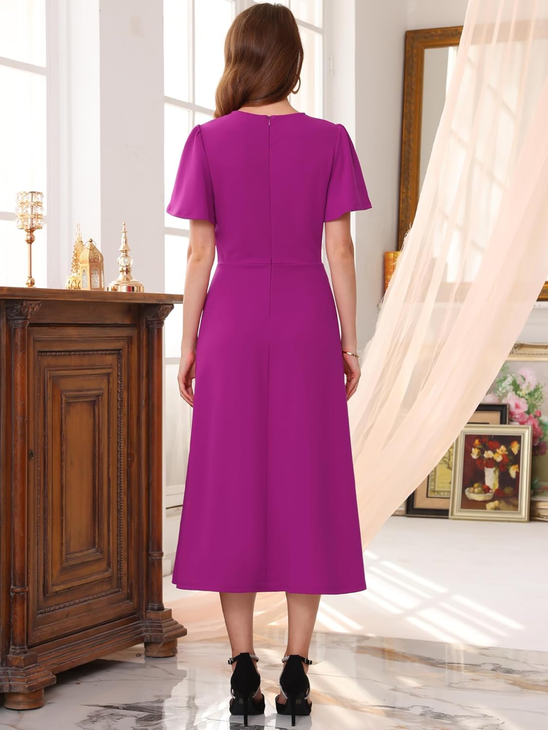 Women's Ruffle Dress Wedding Guest Crew Neck Short Sleeve Formal Cocktail Midi Dresses - Image 4