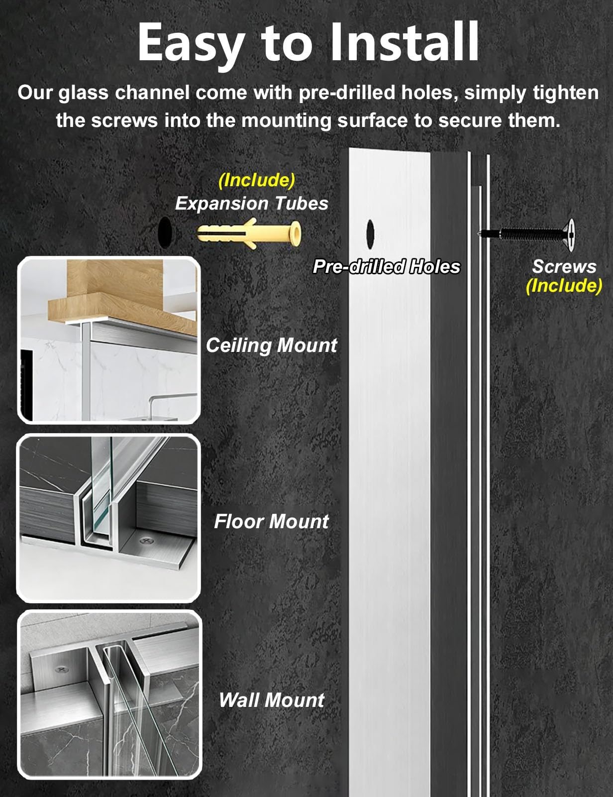 Perfil Aluminio Guía de Canal de Vidrio con Almohadilla de Silicona | Canaleta Metálica Resistente para Vidrio de Baño para Tabique Divisorio, Riel para Puerta De Ducha de 0,6 0,8 1 1,2 1,4 m