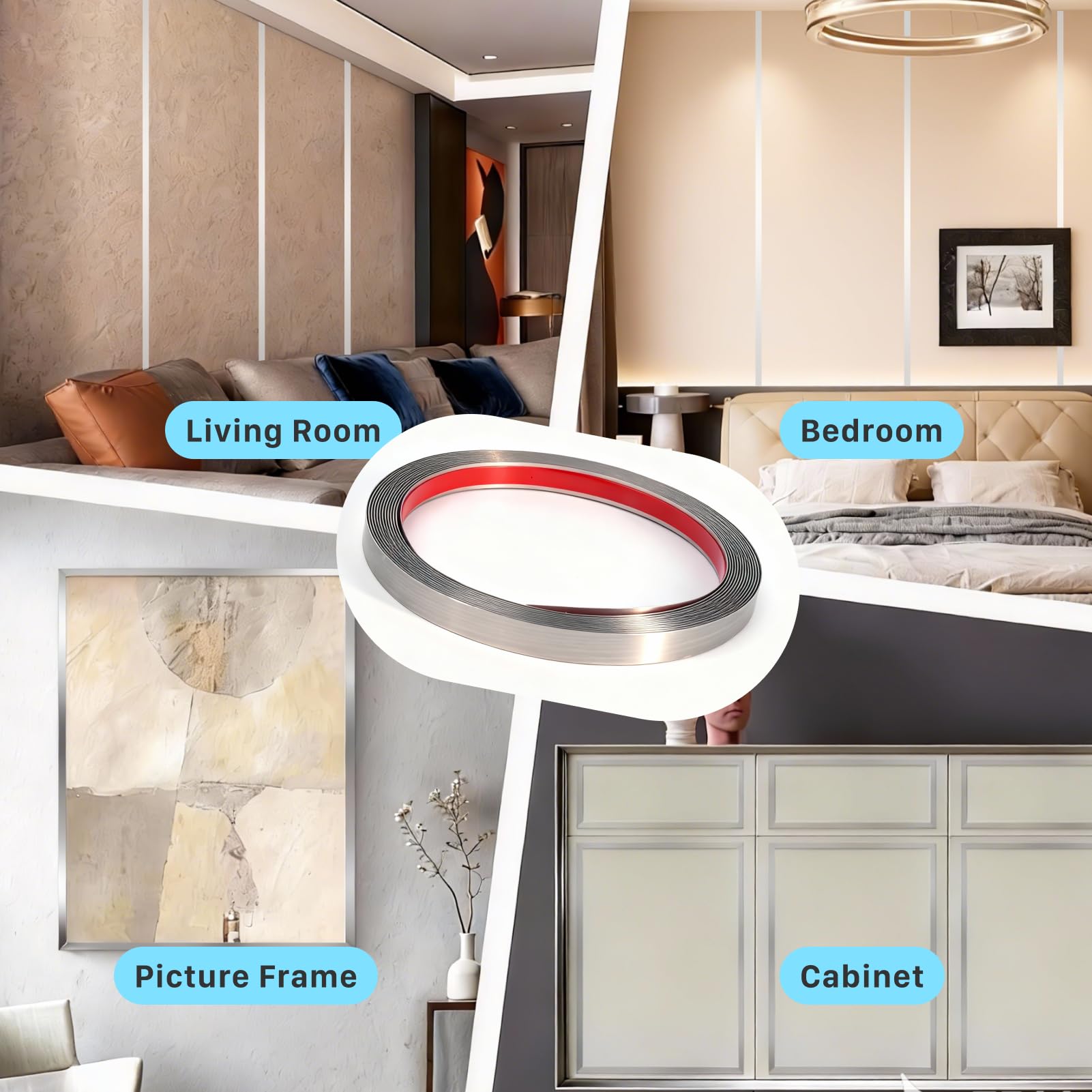 Cinta Metálica Autoadhesiva de Acero Inoxidable Plateada – 5m x 1cm para Protección de Bordes de Paredes, Marcos de Puertas y Azulejos, Ideal para Decoraciones Creativas
