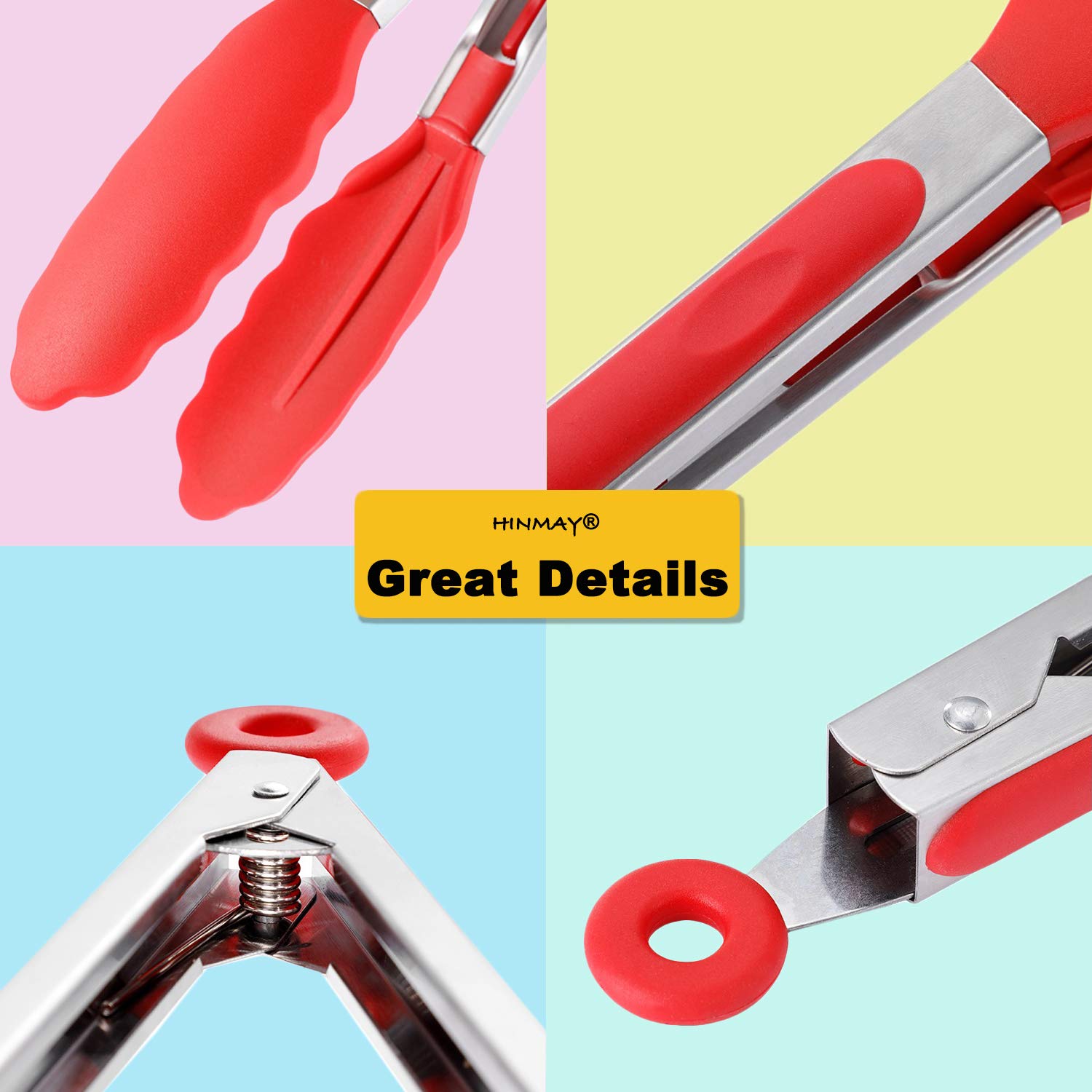 HINMAY Pinzas de cocina de silicona para servir de 9 pulgadas, juego de 3 (rojo)