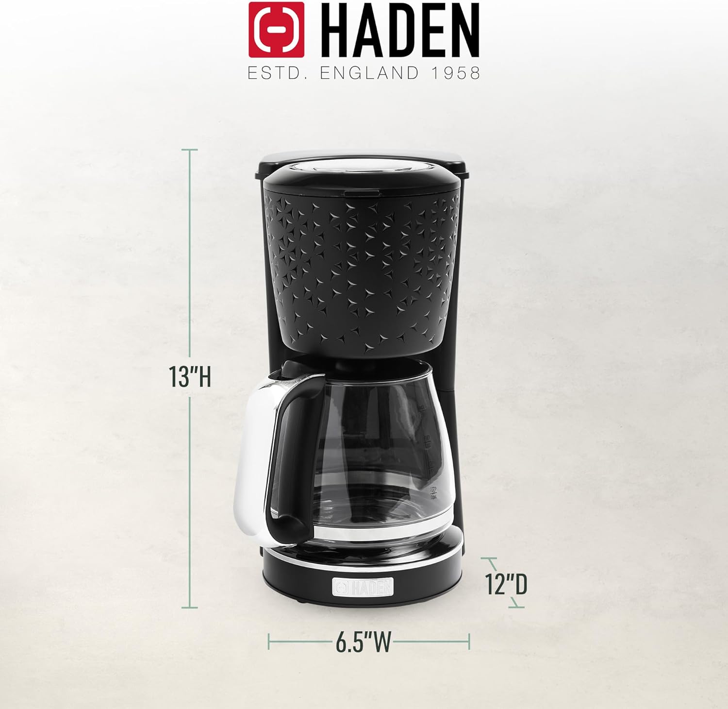 HADEN Starbeck Coffee Machine, 10 Cup Automatic Drip Coffee Maker with Anti-Drip Function and Reusable Washable Water Filter, Black & Chrome