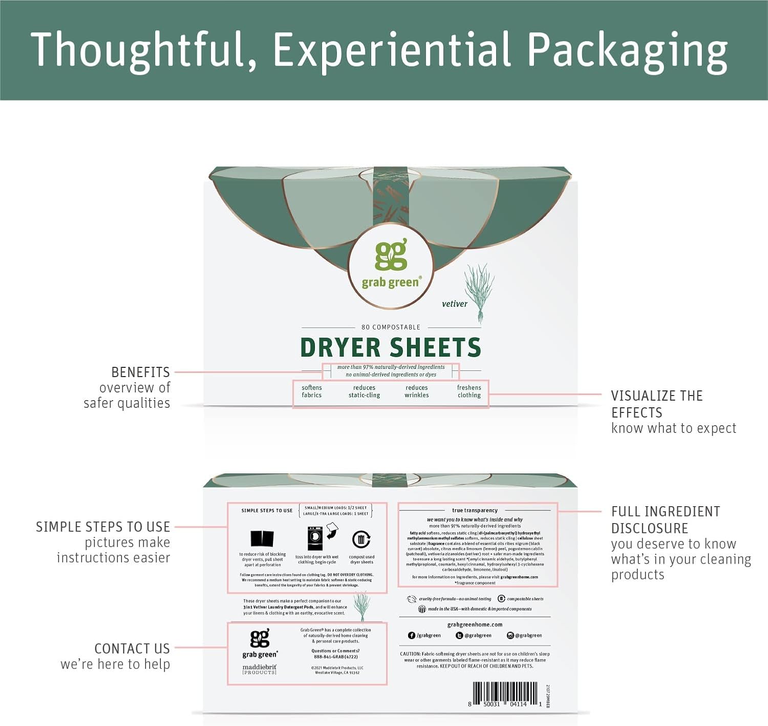 Grab Green Dryer Sheets, 160 Sheets, Lavender Vanilla Scent, Plant and Mineral Based, Compostable, Softens Fabrics, Reduces Static Cling and Wrinkles