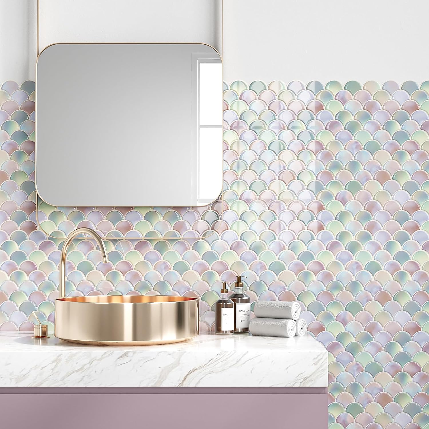 VEELIKE Fish Scale Backsplash Tile Peel and Stick Pink Mermaid Tile Stickers for Kitchen Bathroom Wall Tiles Waterproof Removable 6-Sheets Back Splash Stick on Tiles for Laundry Room Renters 12''x12''