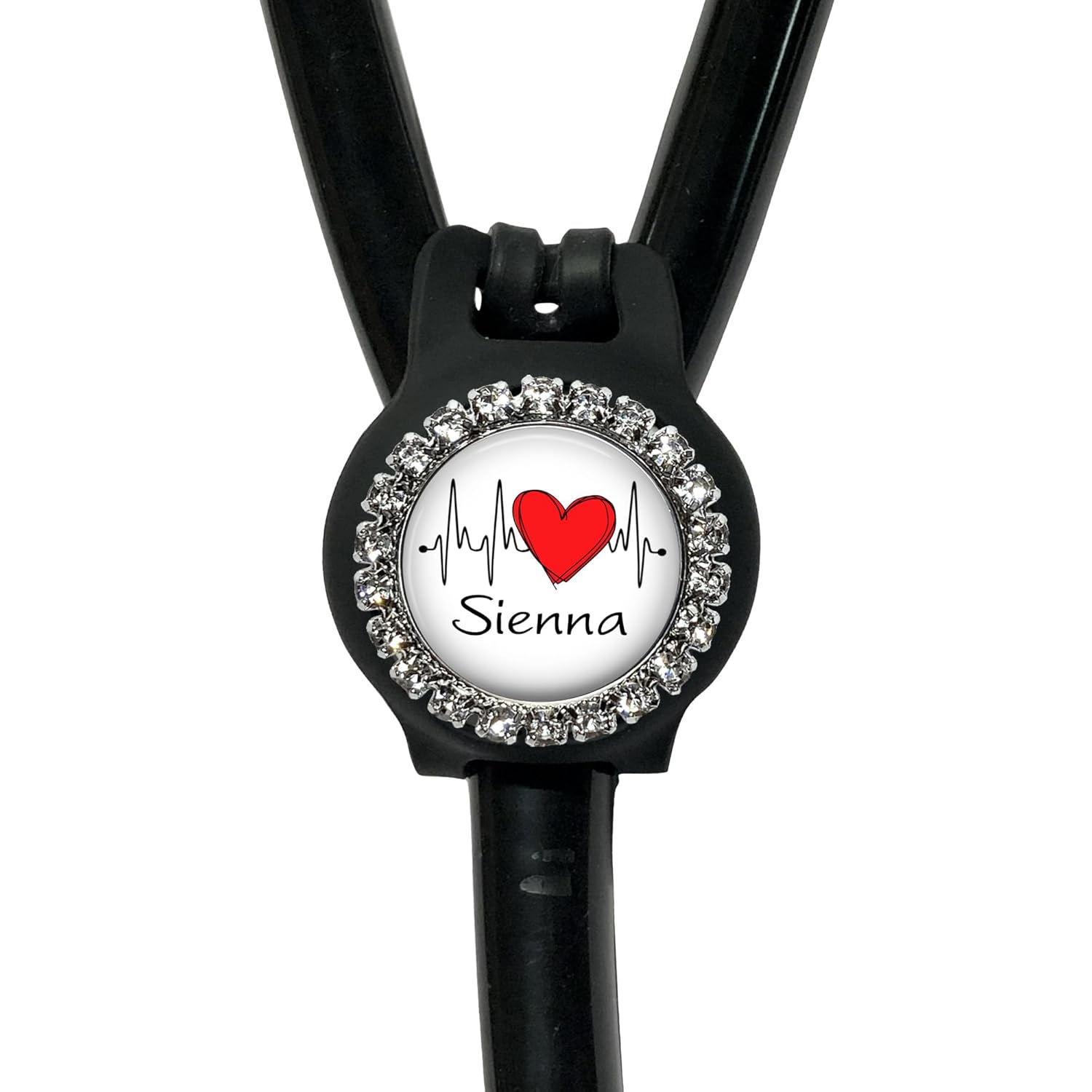 EKG Heart Stethoscope Air Location Tracker Tag Holder Personalized Name (10 Colors) Adjustable ID Label - You Customize Fonts - 1 inch Bling (Glass)