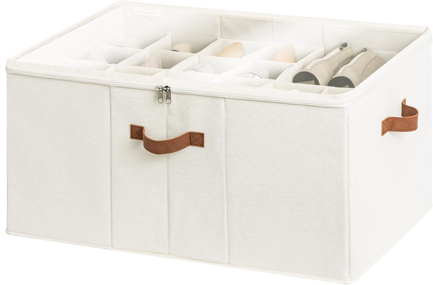 storageworks shoe organizer for closet, fits up to 24 pairs, shoe cubby storage containers with adjustable dividers and clear cover, beige beige large