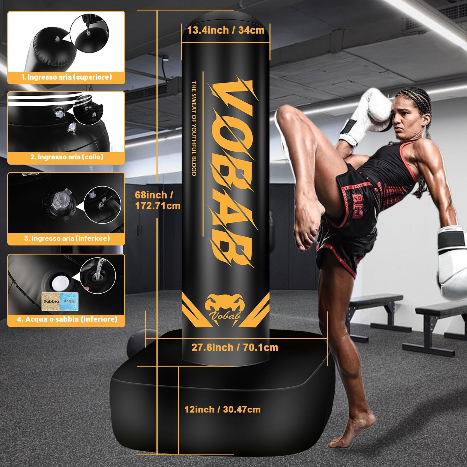 Sacco da boxe autoportante 175 cm, allenamento MMA, Muay Thai e fitness, supporto gonfiabile per kickboxing, attrezzatura essenziale