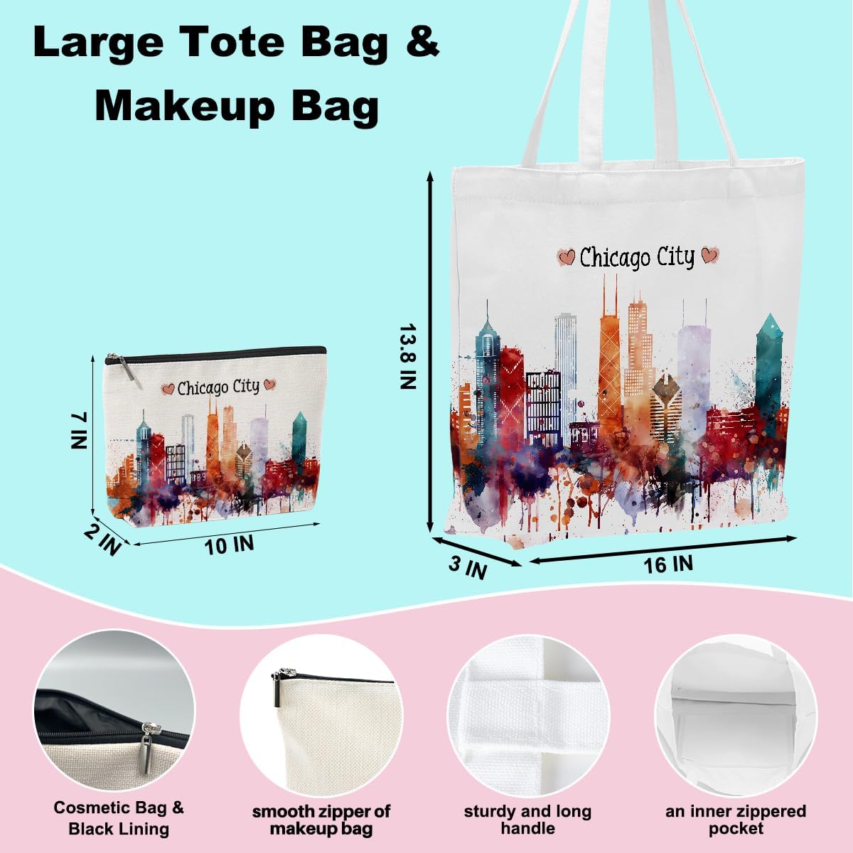 jeilink Las Vegas New York Chicago Paris Canvas Tote Bag Makeup Bag Set for Work Shopping Travel Birthday Christmas