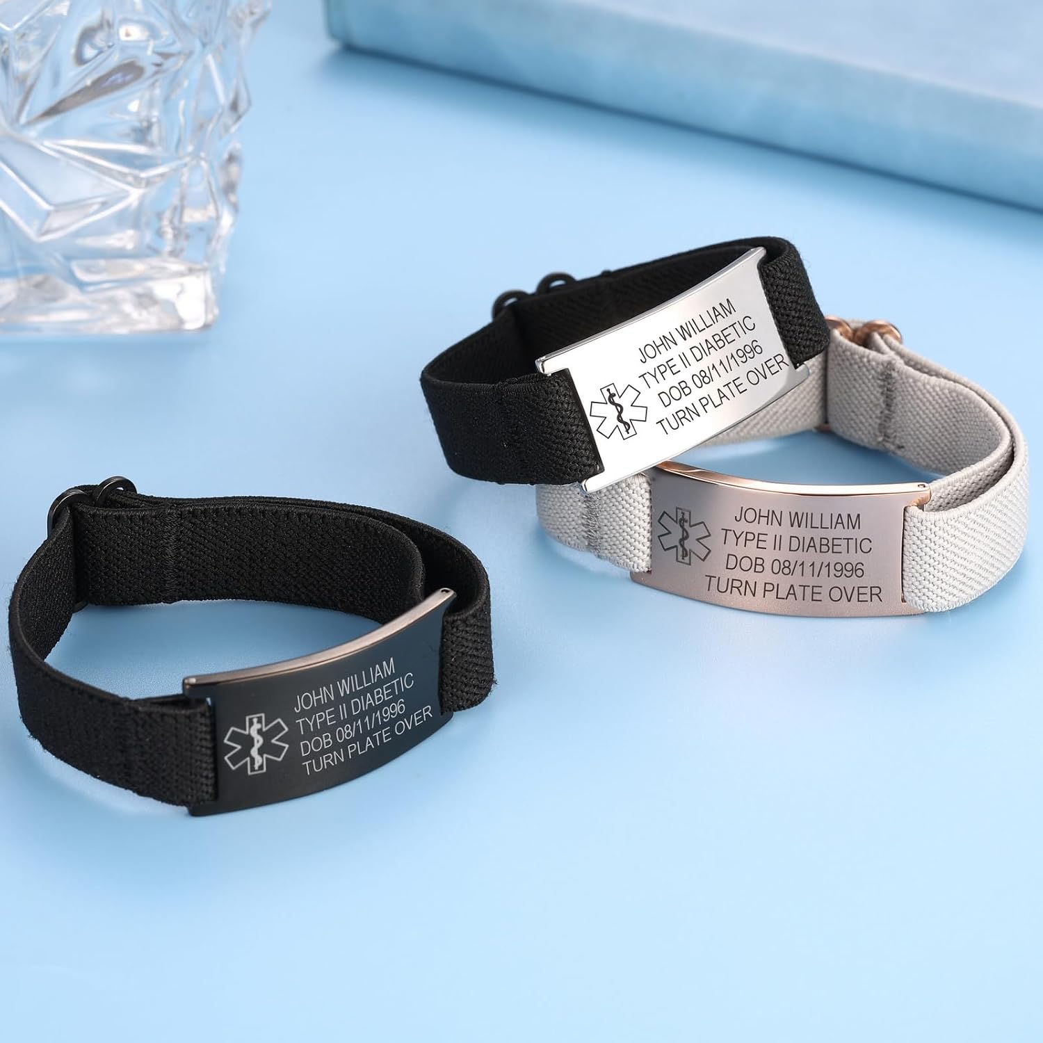 INBLUE Custom Medical Alert ID Bracelets for Men Women Personalized Engraved Text Emergency ID Bracelets Adjustable Nylon & Stainless Steel Wristband for Elderly Epilepsy Diabetic