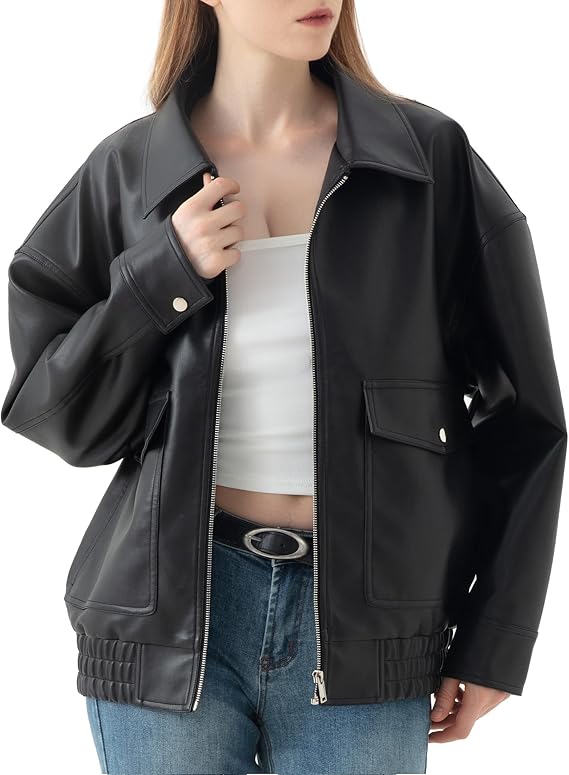 Vanmolrsa Oversize leather jacket women - trendy lightweight jacket with Double Pockets, Adjustable Cuffs, faux leather Moto