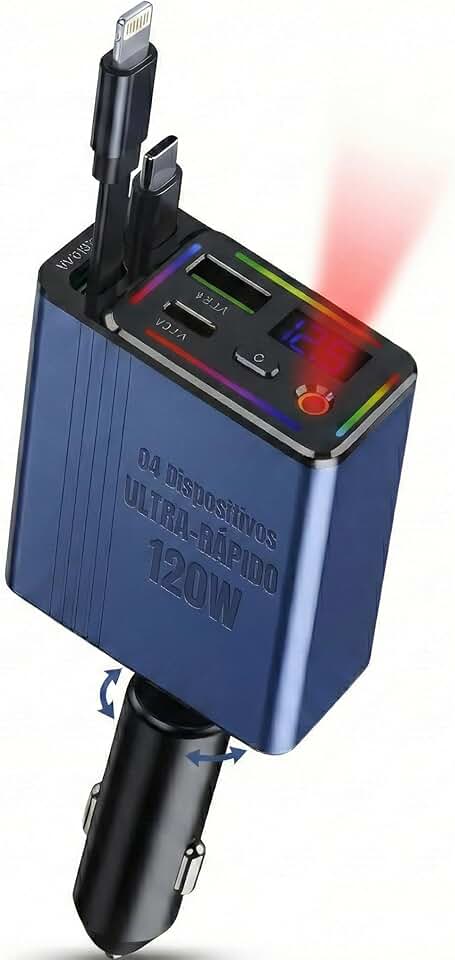 Carregador Automotivo com Cabos Retráteis, Carga Rápida QC 3.0, Display Digital, LED RGB e Projeção no Teto – Potência até 120W