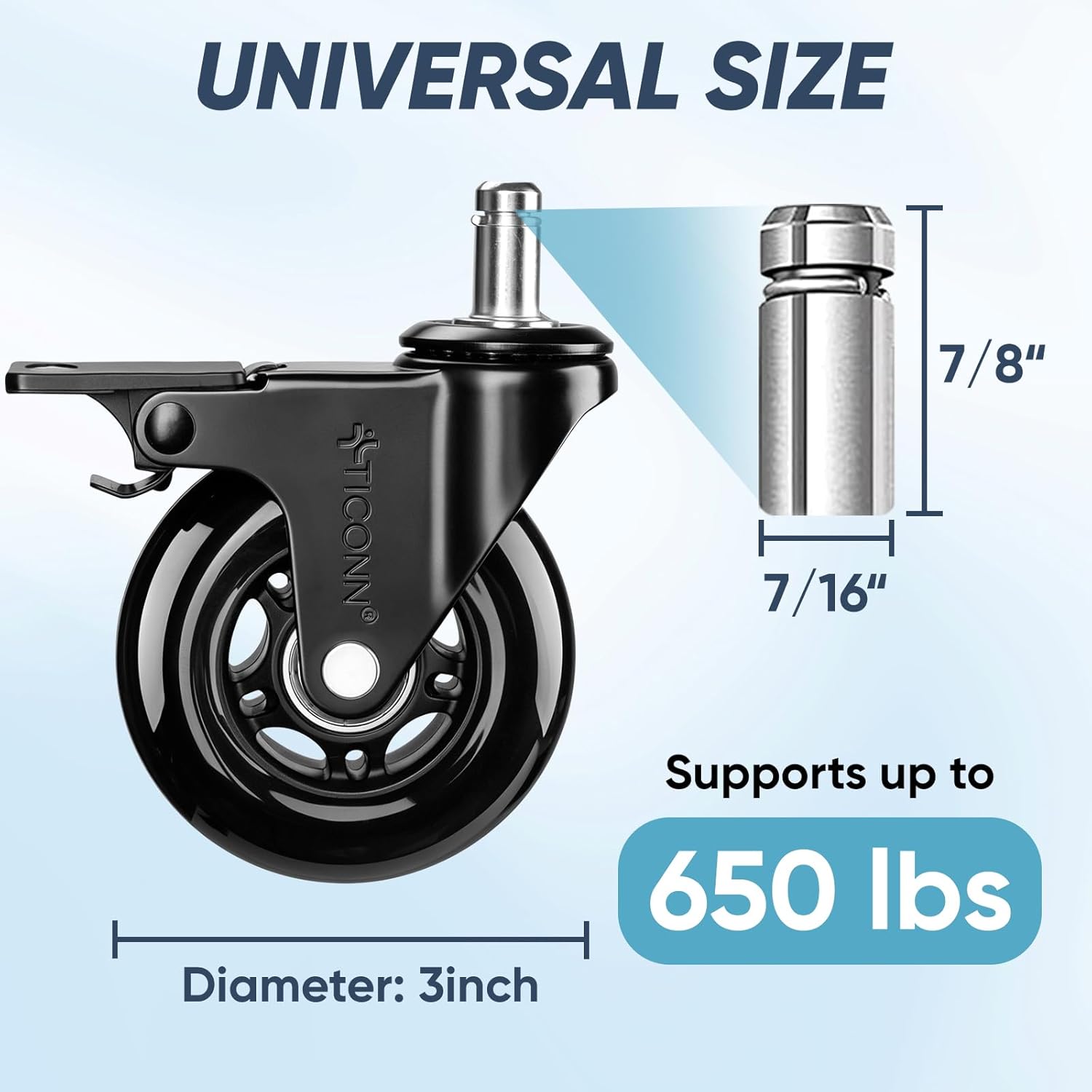 TICONN Office Chair Caster Wheels Set of 5 for Tile, Hardwood Floors and Carpets, Universal Fit for Most Chairs (Black with Brake)