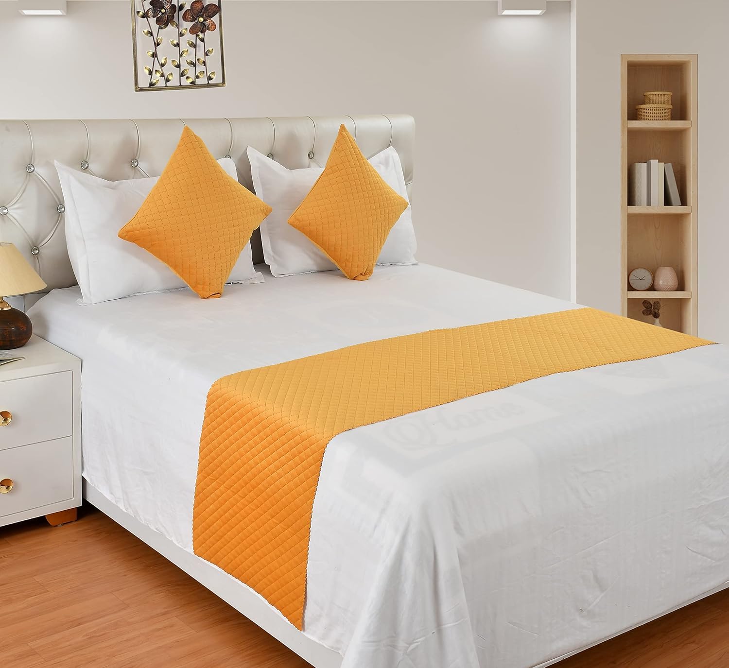 premium velvet quilted bed runner set with 2 cushion covers (yellow)