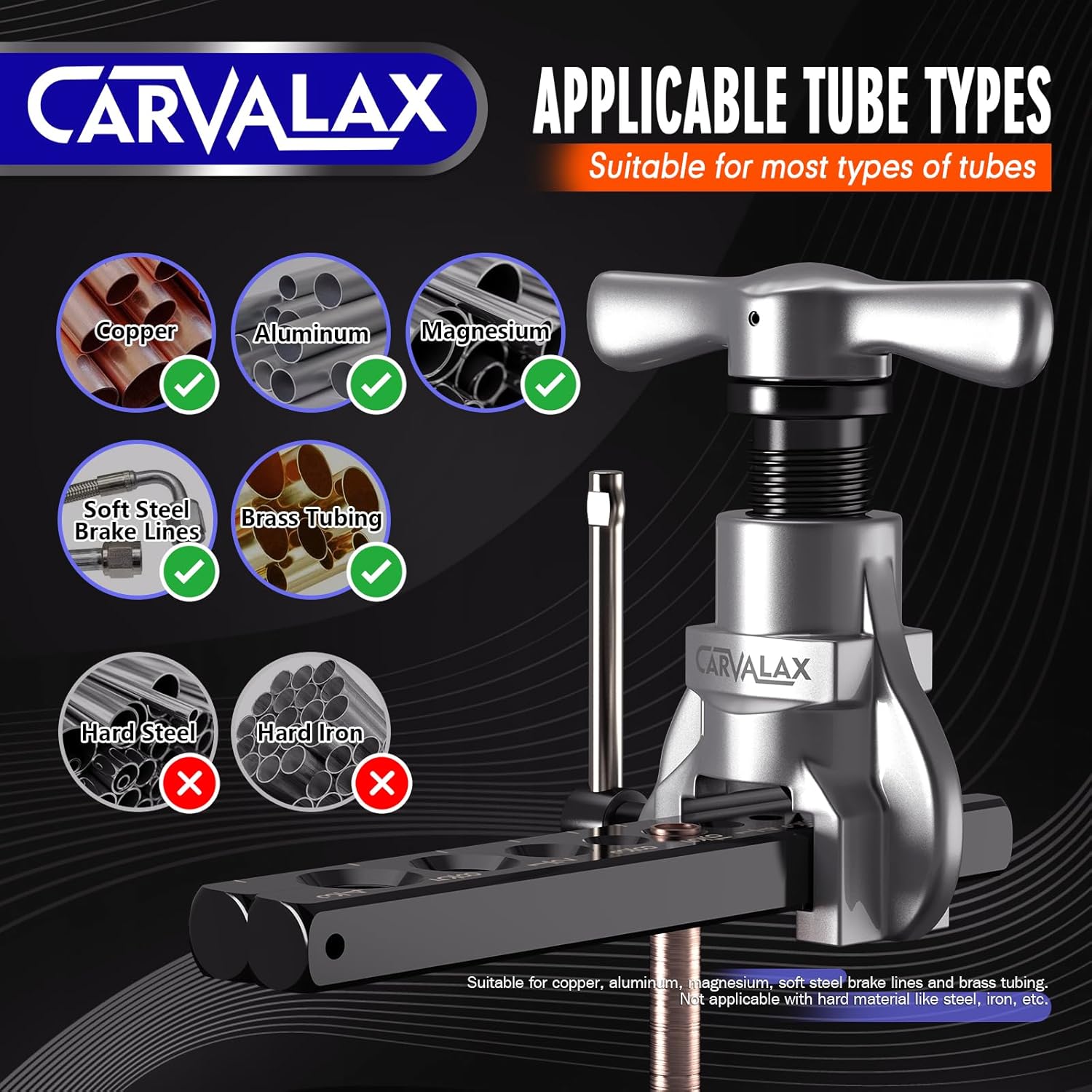CARVALAX 45° Eccentric Flaring Tool Kit for Copper, Brass, and Aluminum Tubing, Single Flaring Bar with 7 Dies (3/16" to 3/4"), for HVAC, Refrigeration,and Brake Lines, heavy duty with Case (Imperial)