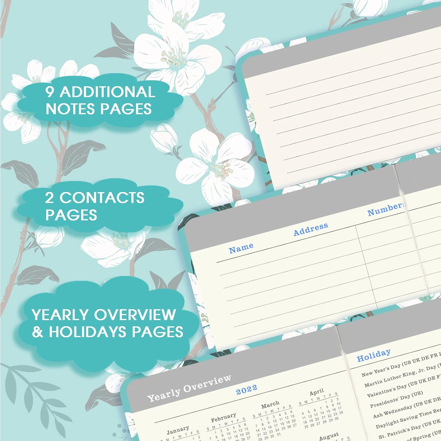 2022 Pocket Planner/Calendar - Weekly & Monthly Pocket Planner, Jan. - Dec. 2022, 6.3''×3.8'', Agenda Planner and Schedule Organizer with Pen Loop + Inner Pocket + 2 Bookmarks + Banded - Teal Floral