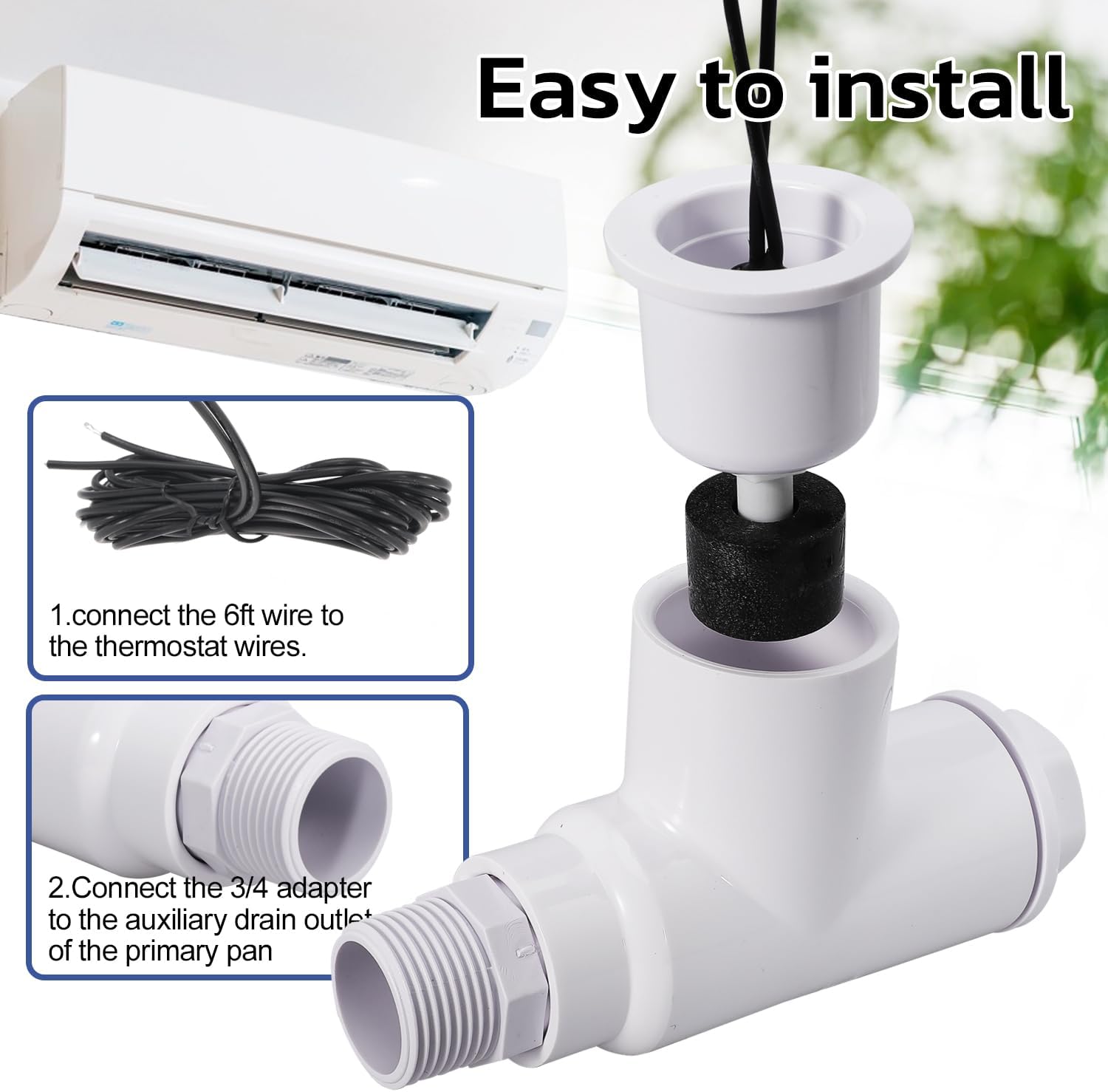 SS1 Float Switch Condensate Overflow Switch with 3/4 Inch Adaptor and 6FT Wire for HVAC Drain Pan Condensate for condensate Overflow Detection (6PCS)