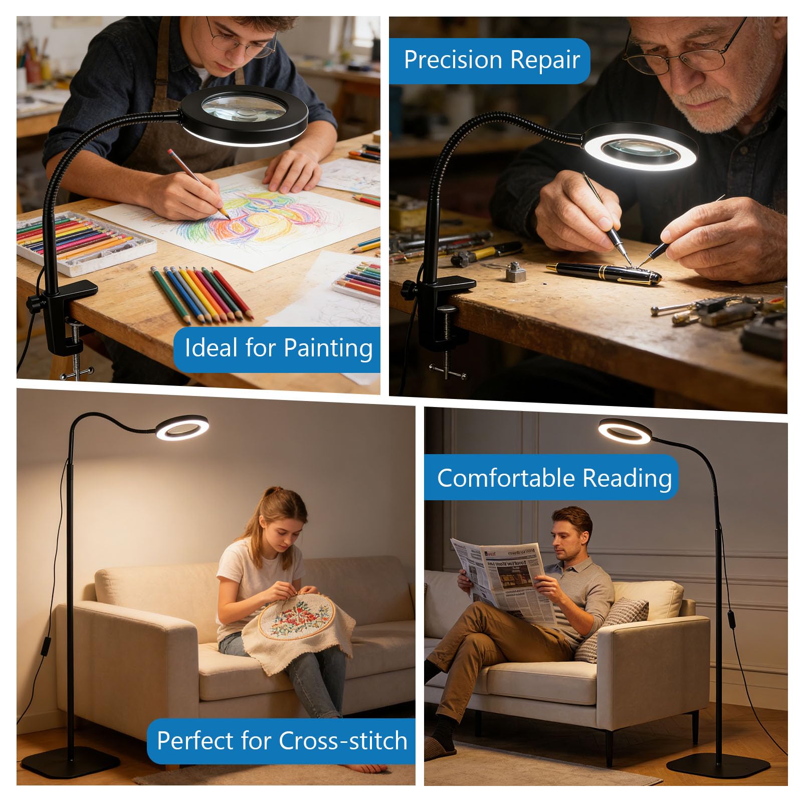 Lupa de pie (10 unidades, 20 unidades, con luz y soporte, 3 en 1, con 72 LED, 3 modos de color regulable, brazo plegable rectangular, lupa de lectura para personas mayores)