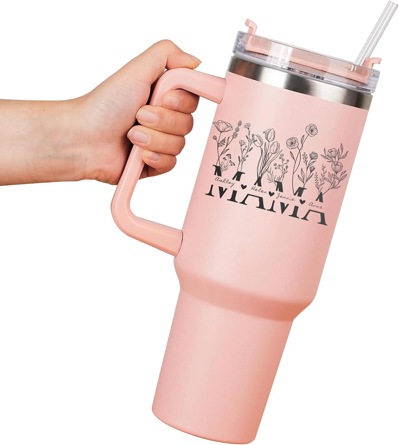Mom Flower Personalized Laser Engraved 40 oz Large Tumbler with Handle, Straw & Lid, Mother's Day Gift, Mama Gifts from Daughter Son, Wildflower Mama, Custom Floral Bottle for New Mom