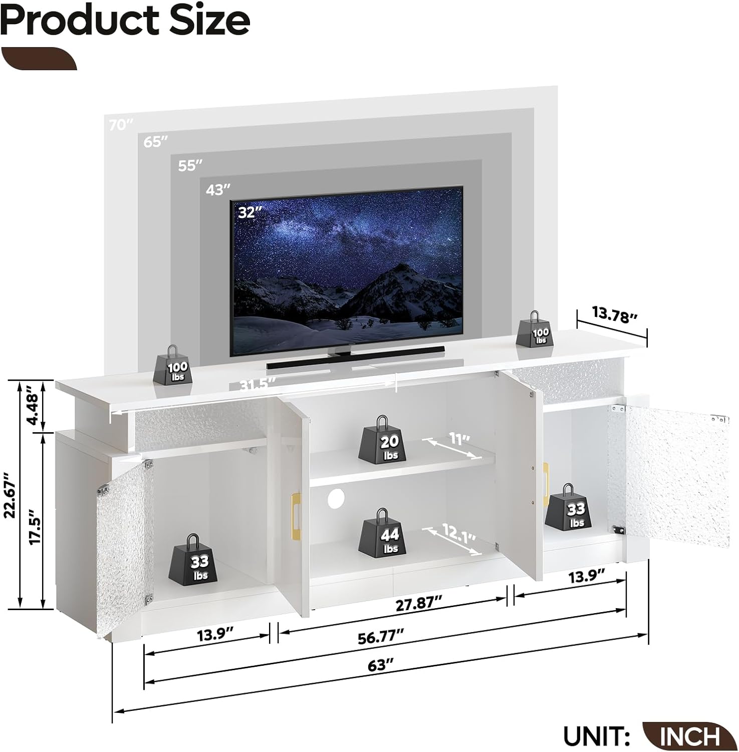 Bestier TV Stand for 65/70 inch TV, LED Light Entertainment Center with Storage Cabinets & Adjustable Shelves, Modern TV Console with Acrylic Door, TV Stands for Living Room Bedroom, Glossy White