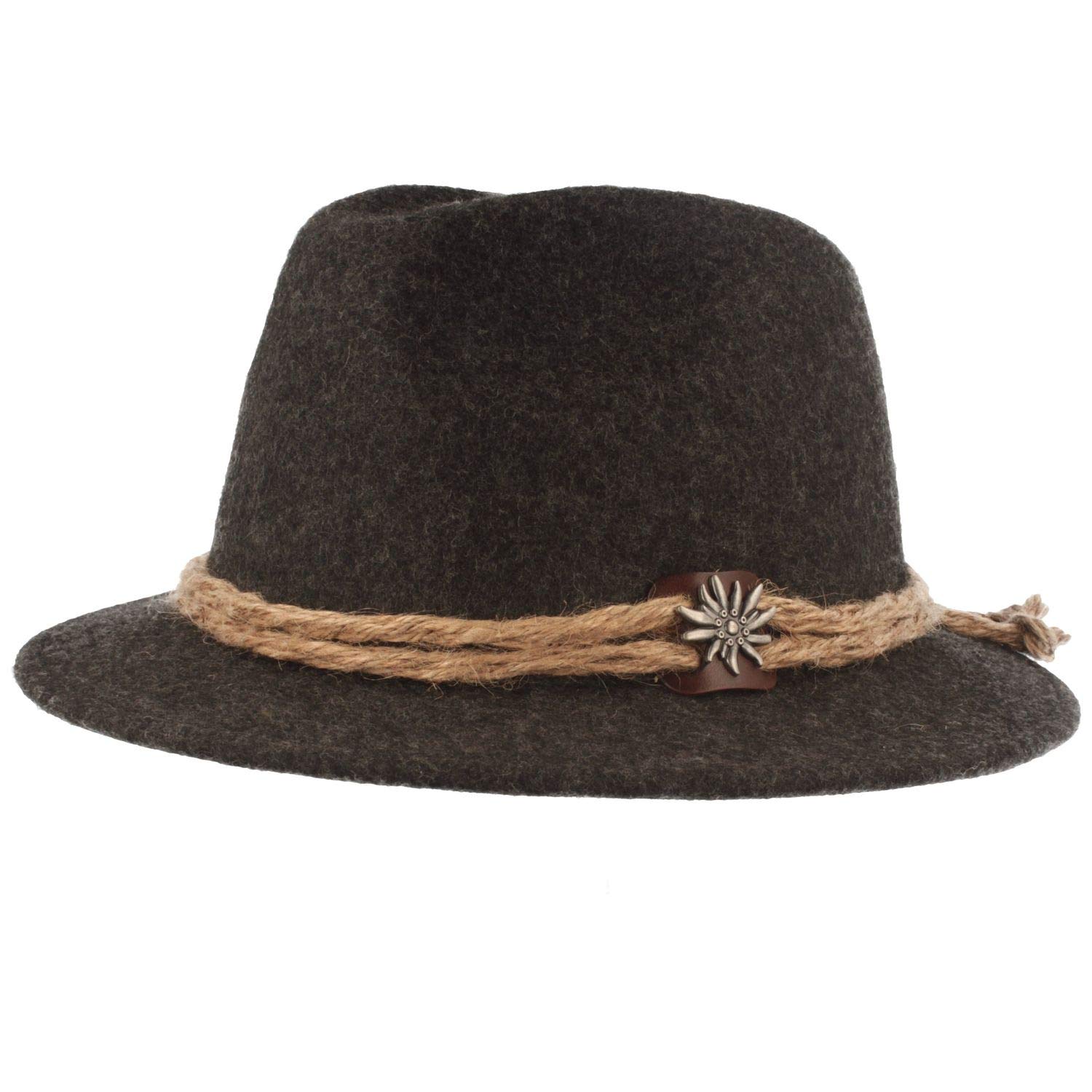 Hut Breiter Original Herren Trachtenhut Filzhut Wanderhut Tiroler-Art, 100% Wolle mit Hanfkordel, Edelweiss & schmaler Krempe, in 3