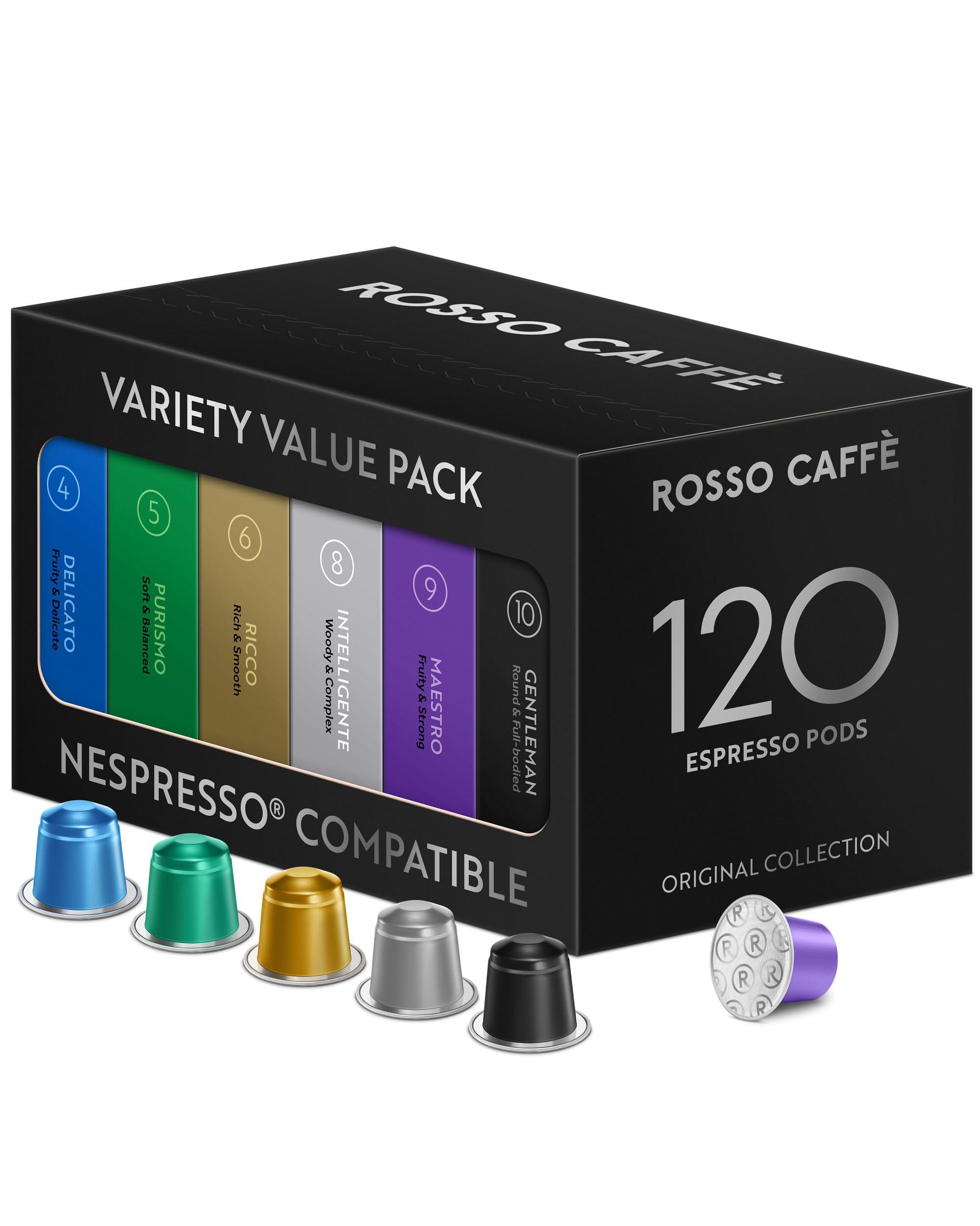 ROSSO CAFFÈ 120 Nespresso Machine Compatible Capsules, Variety Pack, 6 Flavours, Aluminium Coffee Pods