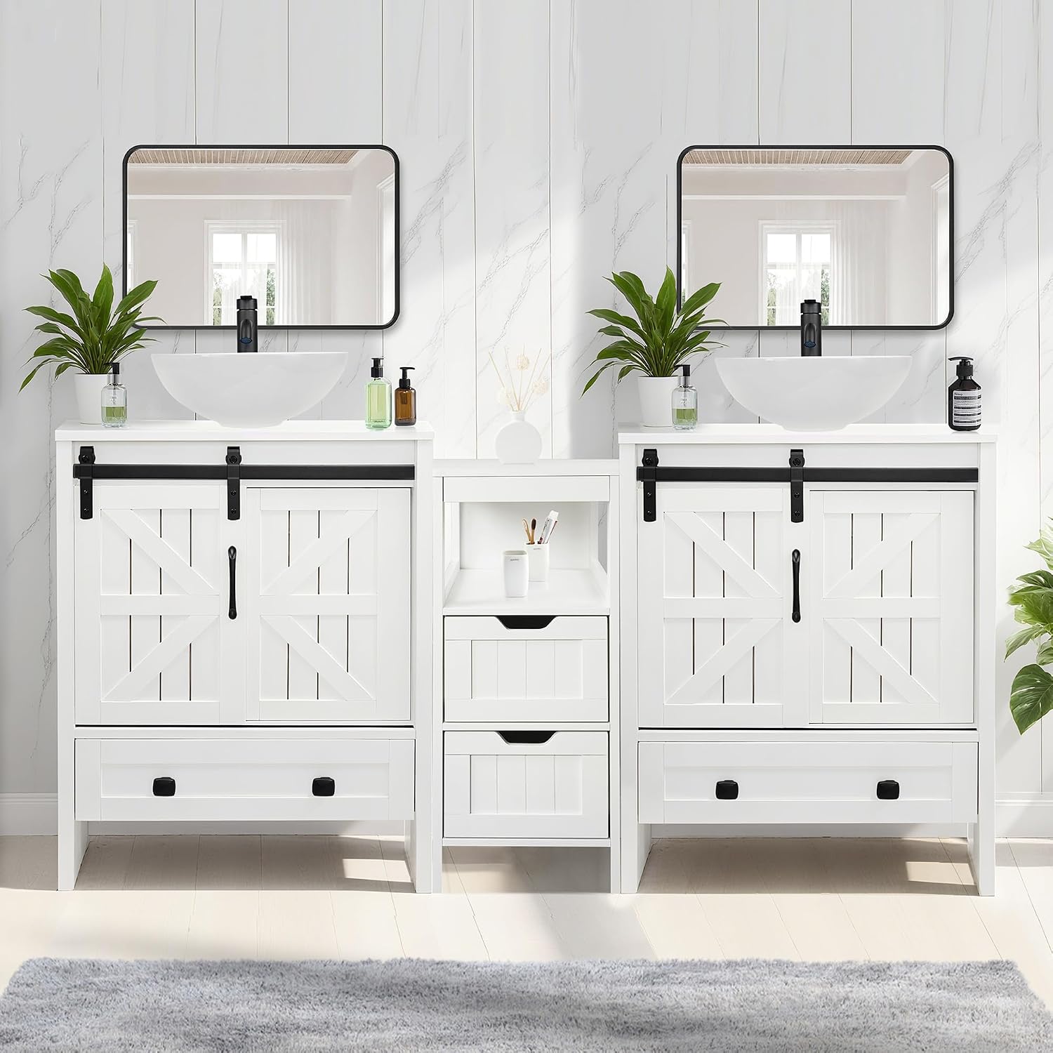 Findepot 24 inch Farmhouse Bathroom Vanity with Sink, White MDF Small Bathroom Vanity Sink Combo, White Round Ceramic Vessel Sink, Contains Various Size Combinations (Include Faucet)