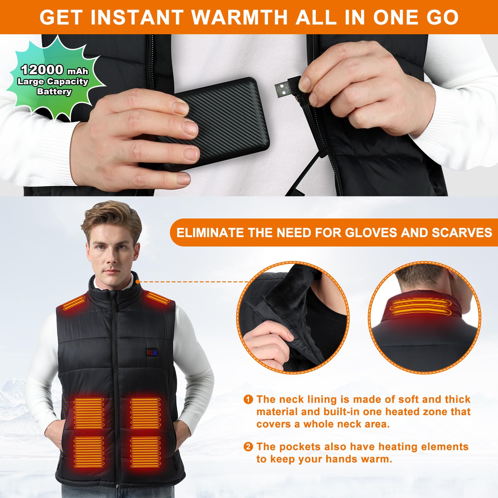 BIAL Chaleco Calefactable Hombre con Batería Recargable de 12000mAh, Chaleco Térmico Eléctrico USB con 8 Zonas Calefactables 3 Temperatura Ajustable para Moto Actividades Frio al Aire Libre