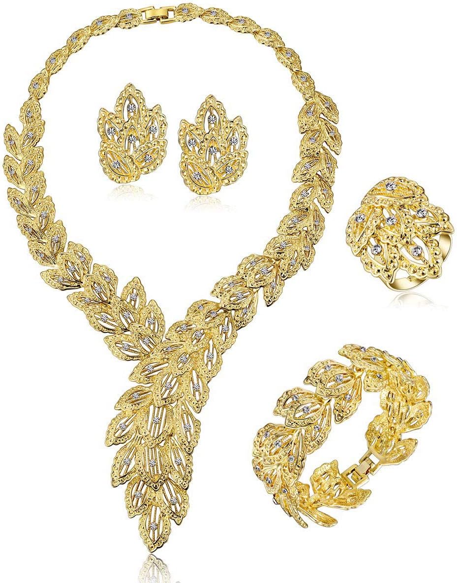 FUNOJOY Womens Luxury Africa Dubai 18k Gold Plated Jewelry Sets Wedding Rhinestone Crystal Bib Statement Necklace Earrings Set for Brides Party Prom