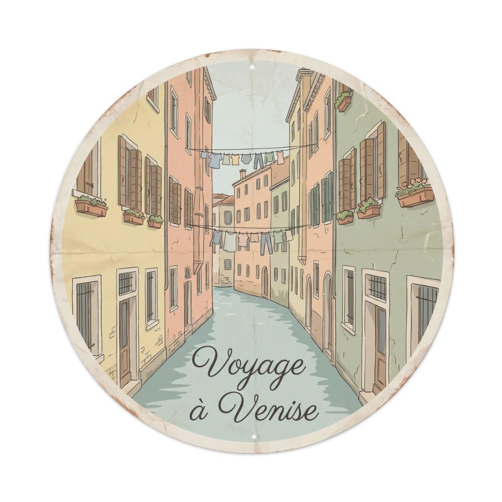 Vintage Venice Canal Gondola Italian Lagoon Travel Discovery Metal Tin Sign Plaque Wall Decor for Cafe, Man Cave, Club Bar, Office, Home Garden Round Metal Poster 8x8Inch