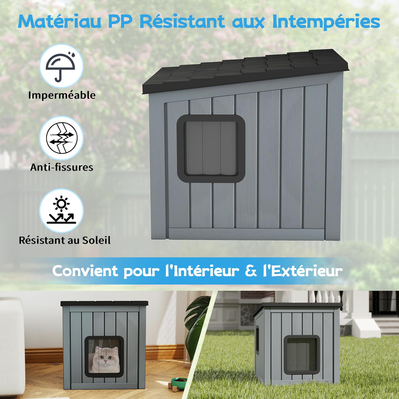 GOPLUS Niche pour Chat Exterieur/Interieur en Plastique Résistante à l'hiver, Maison Chat Exterieur avec 2 Portes et Toit en Pente, Rideau en PVC, 62,5 x 54 x 56,5 cm, pour Chiots et Lapins, Gris