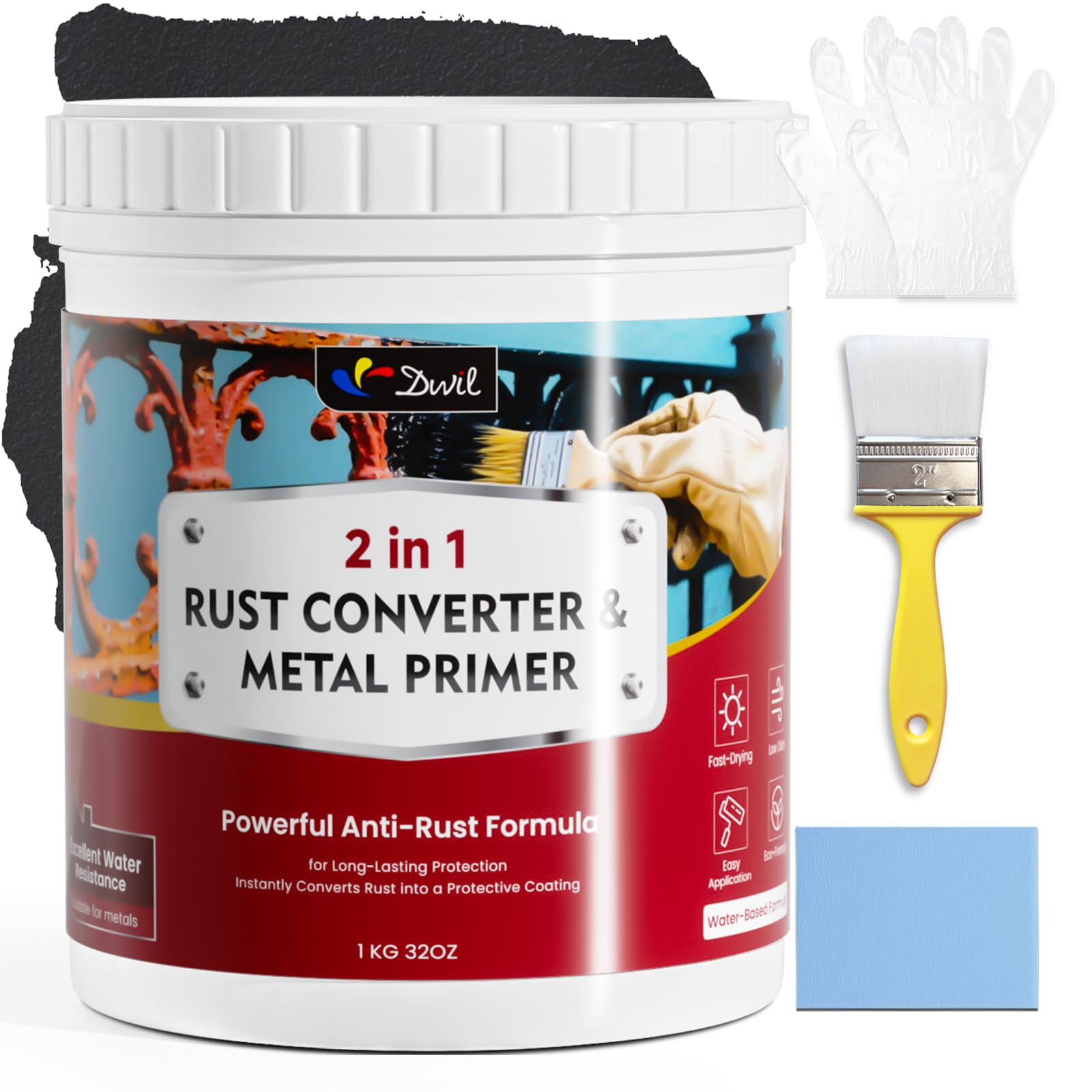 DWIL Rust Converter for Metal, 2 in 1 High-Flow Fluidity Converts Rust, Rust Converter Paint and Primer to Long-Lasting Protective Coating, No Primer Needed, Black, 32 oz
