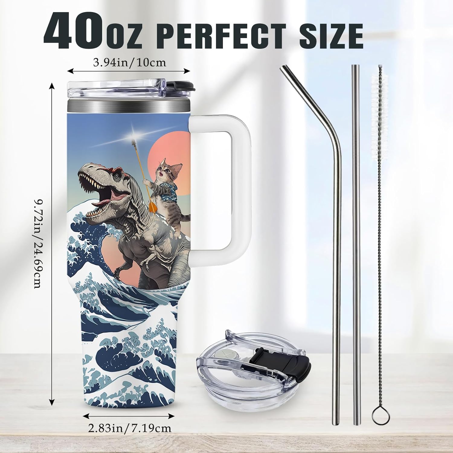 Funny Cat Coffee Mugs Fighting Cat Riding Dinosaur Dino Cups for Boys 40oz Cats T-Rex Travel Coffee Tumbler with Handle and Lids, Animal Cats Lovers Gifts for Women Men - Image 2