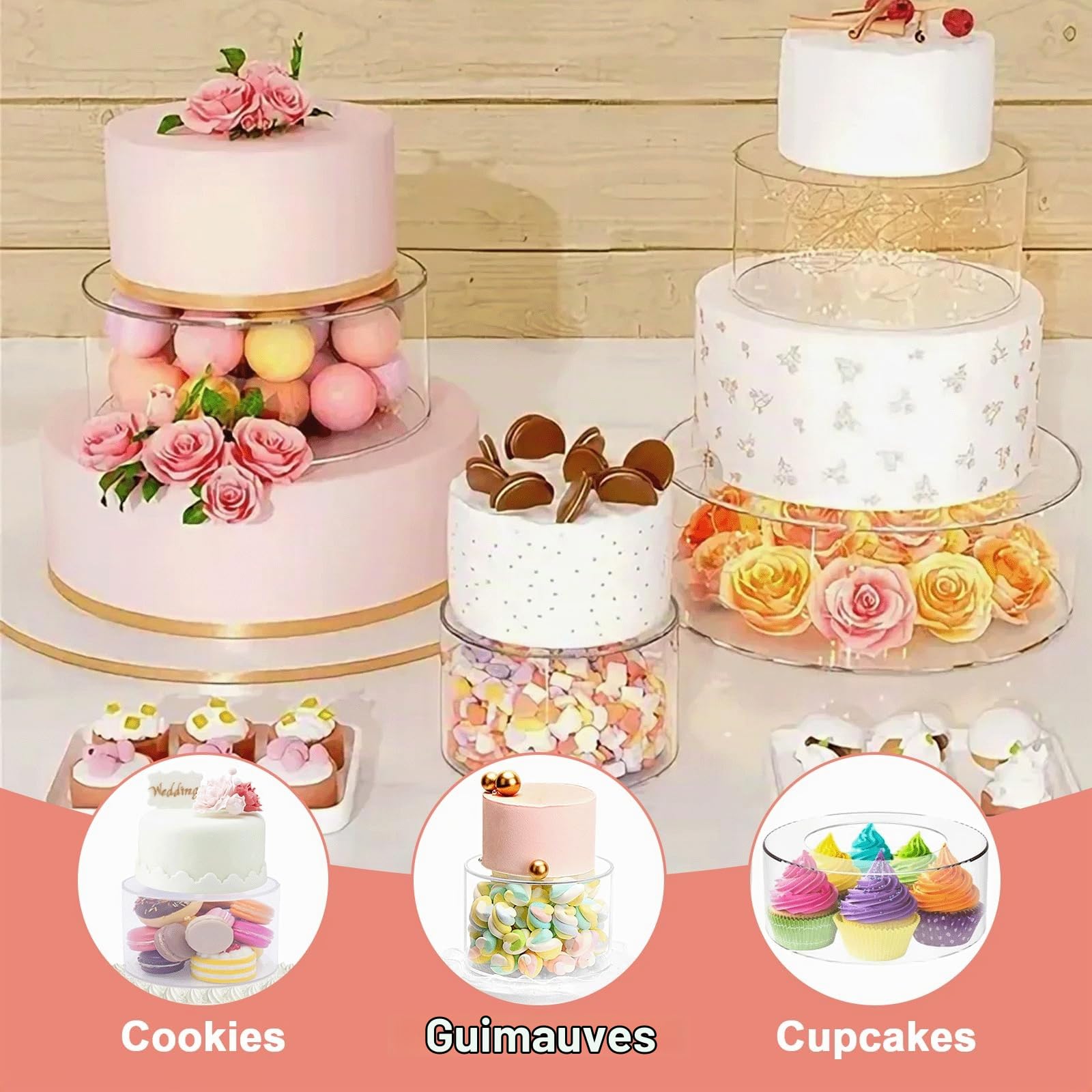 Présentoir à Gâteau 3 Etages en Acrylique Remplissable, Présentoir à Gâteau en Acrylique avec 2 Lumières LED, Plateau à Gâteaux Rond Transparent Remplissable pour Anniversaire, Mariage et Fête