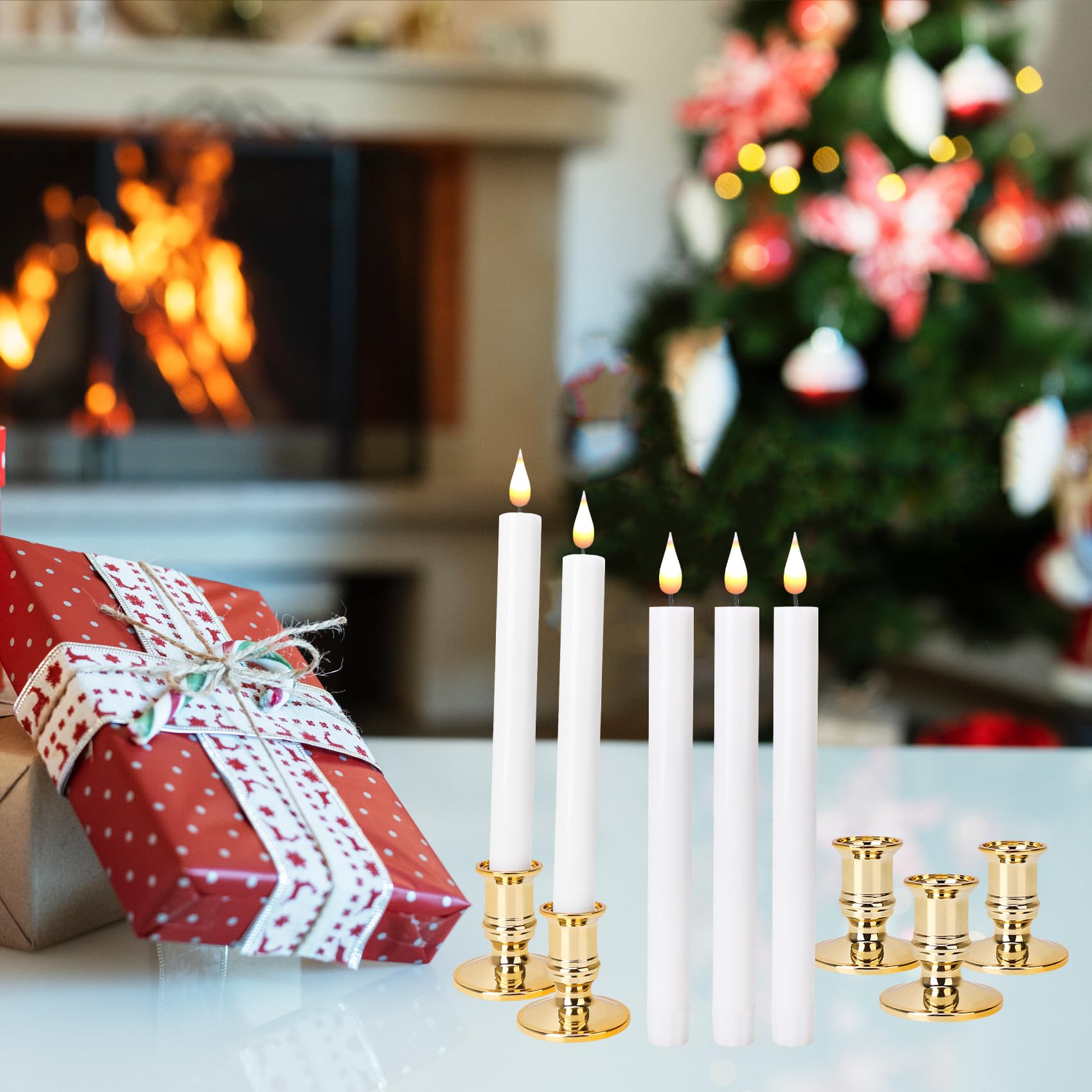 beek Candele a LED per finestra senza fiamma con telecomando, set da 10 candele a stelo a batteria, con portacandele dorate rimovibili, ideali come decorazione natalizia, luce di nozze