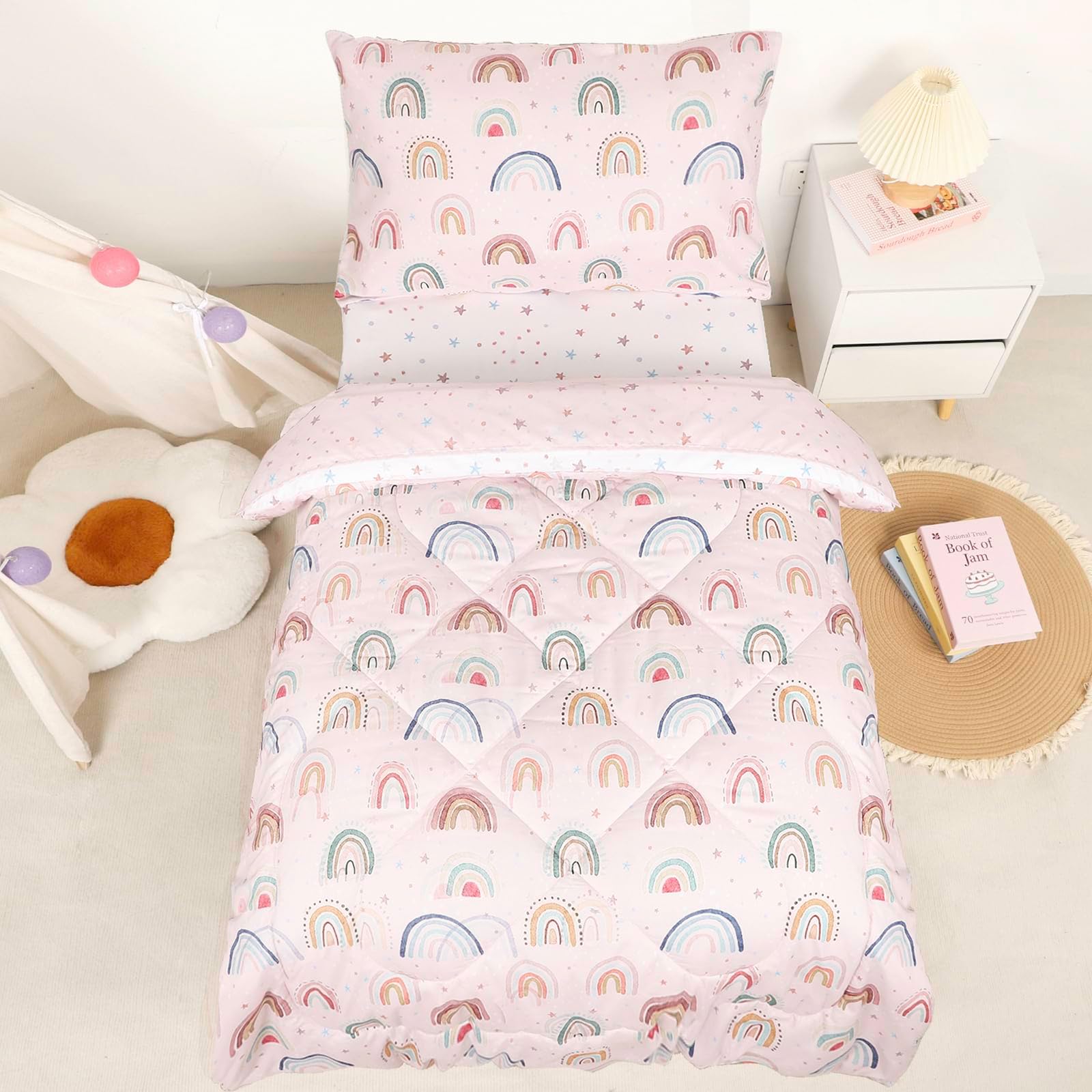 Toddler Bedding Set for Girls, 4 Piece Toddler Girl Bedding Set, Super Soft & Lightweight Pink Toddler Comforter Set Includes Comforter, Flat Sheet, Fitted Sheet, Pillowcase (Rainbow)