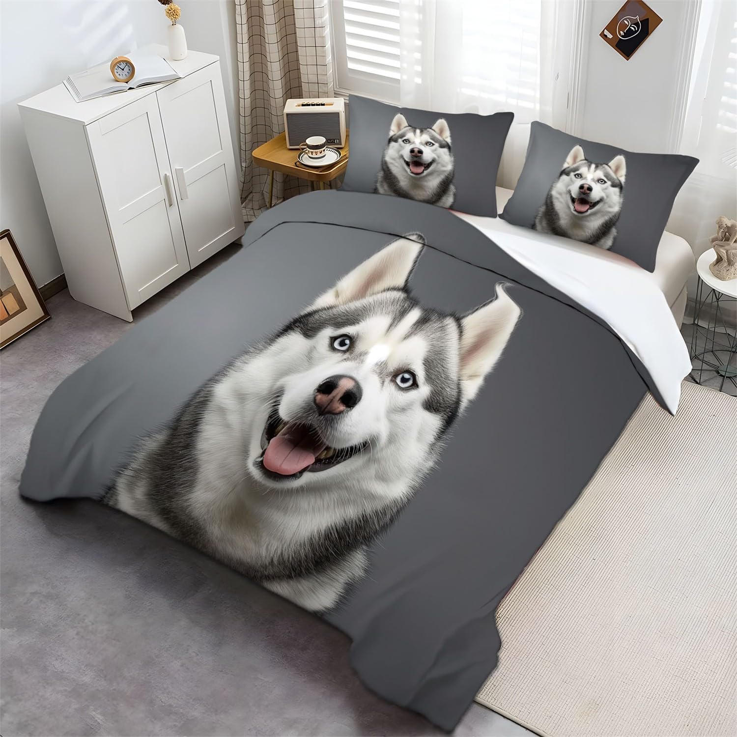 Husky-Porträt luksusowy zestaw pościeli z szarą pościelą, z mikrofibry, z zamkiem błyskawicznym i 2 poszewkami na poduszkę 260 x 220 cm