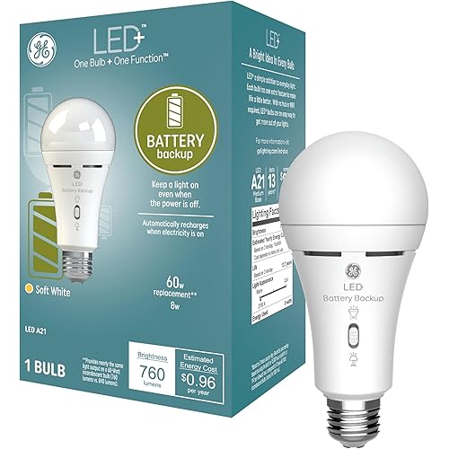 GE Lighting LED+ Backup Battery Light Bulb, Rechargeable, Soft White, Medium Base (1 Pack)