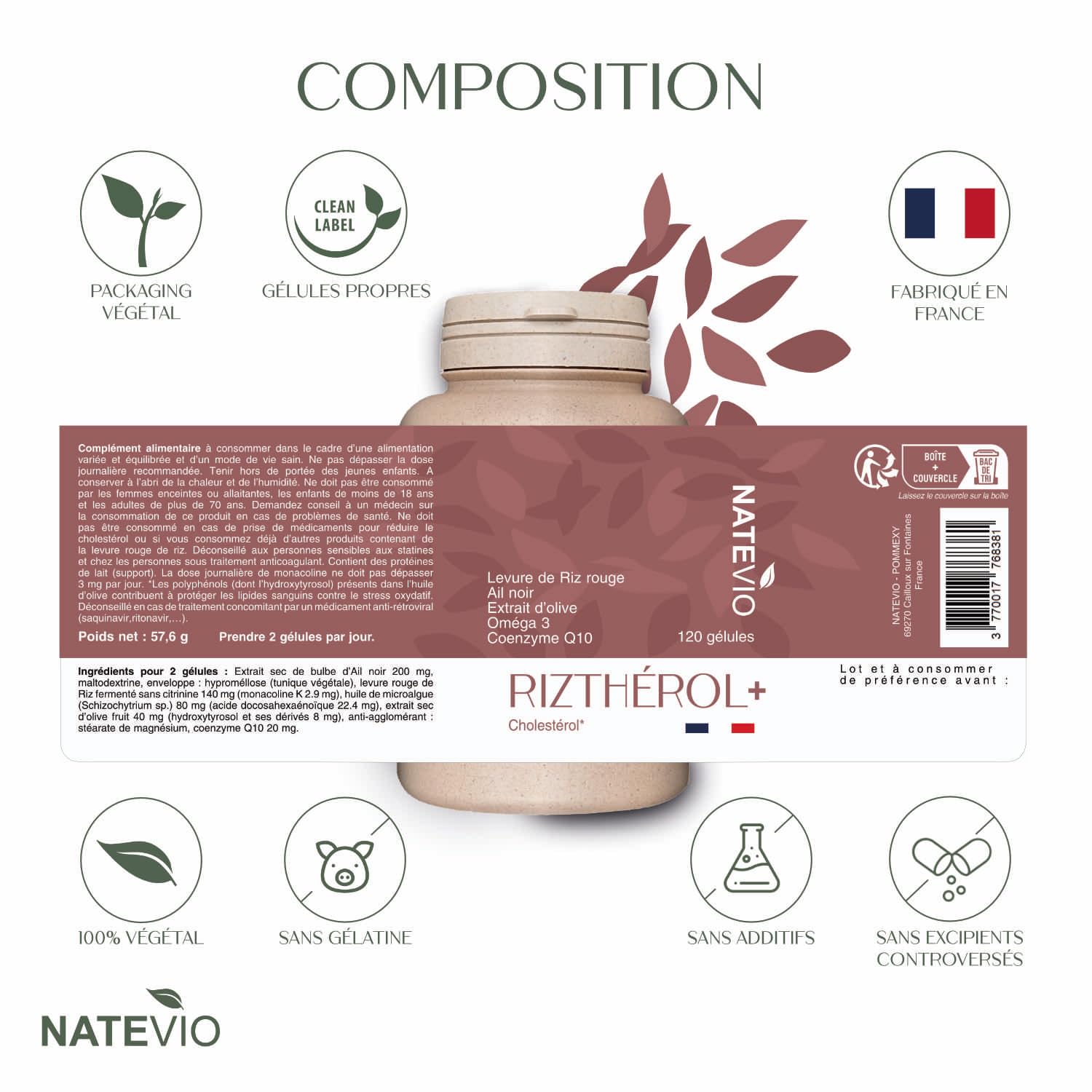 Riztherol+ 5 actifs - Levure de Riz Rouge - Ail Noir - Q10 - Omega 3 - Extrait Olive - Cure de 2 mois