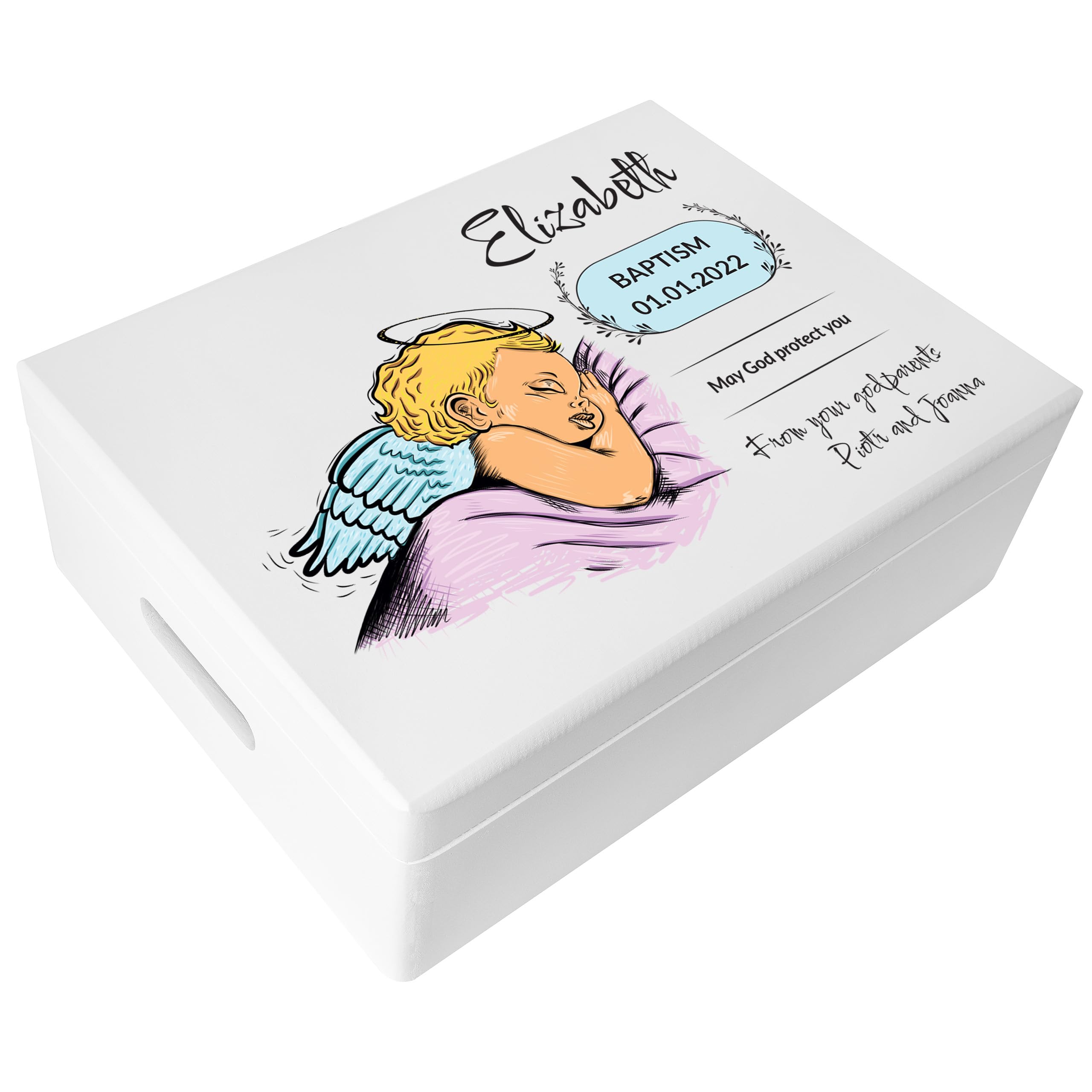 Creative Deco White Personalised Baby Christening Gift for Girls or Boys - Angel | Unique Custom Baptism Boxes | Customised Wooden Storage Box with Hinged Lid | Perfect as a Keepsake or Decoration
