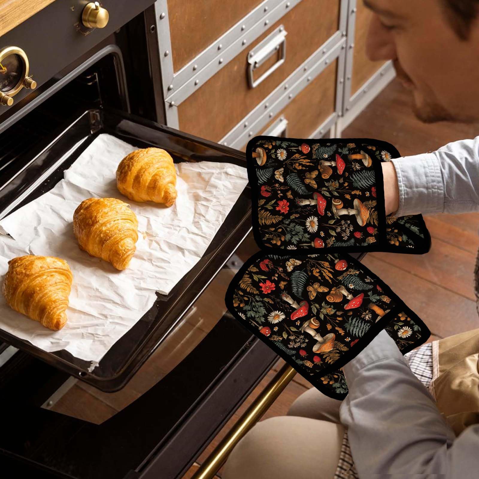 FREEBLOSS 2 presine con motivo a funghi per la cucina, in cotone, resistenti al calore, per cucinare e cuocere 7,8 x 9,5 cm