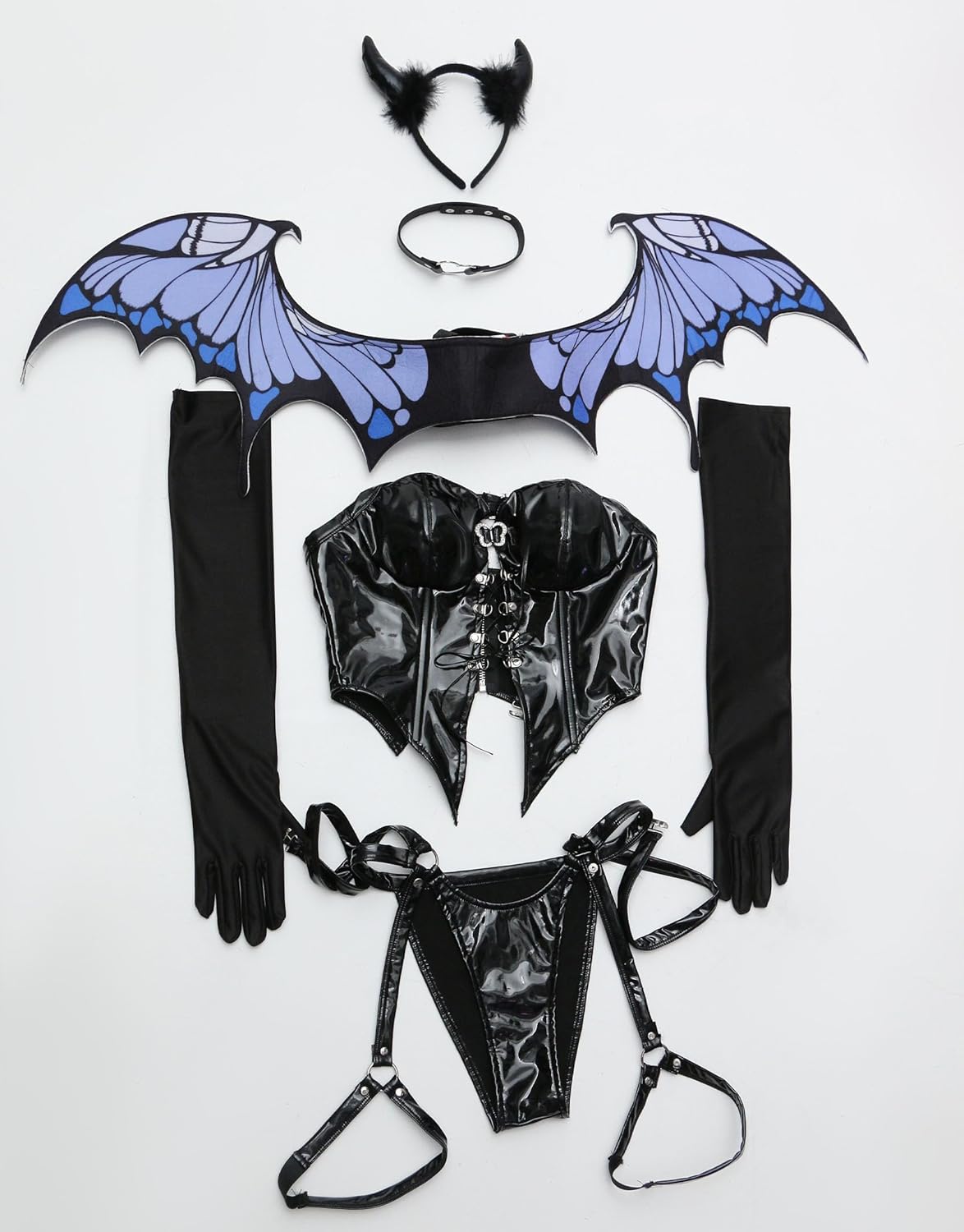 Mobbunny Butterfly Goth Lingerie for Women Sexy Cosplay Halloween Gothic Halter Lace-up Corset Top Thong with Wing Gloves