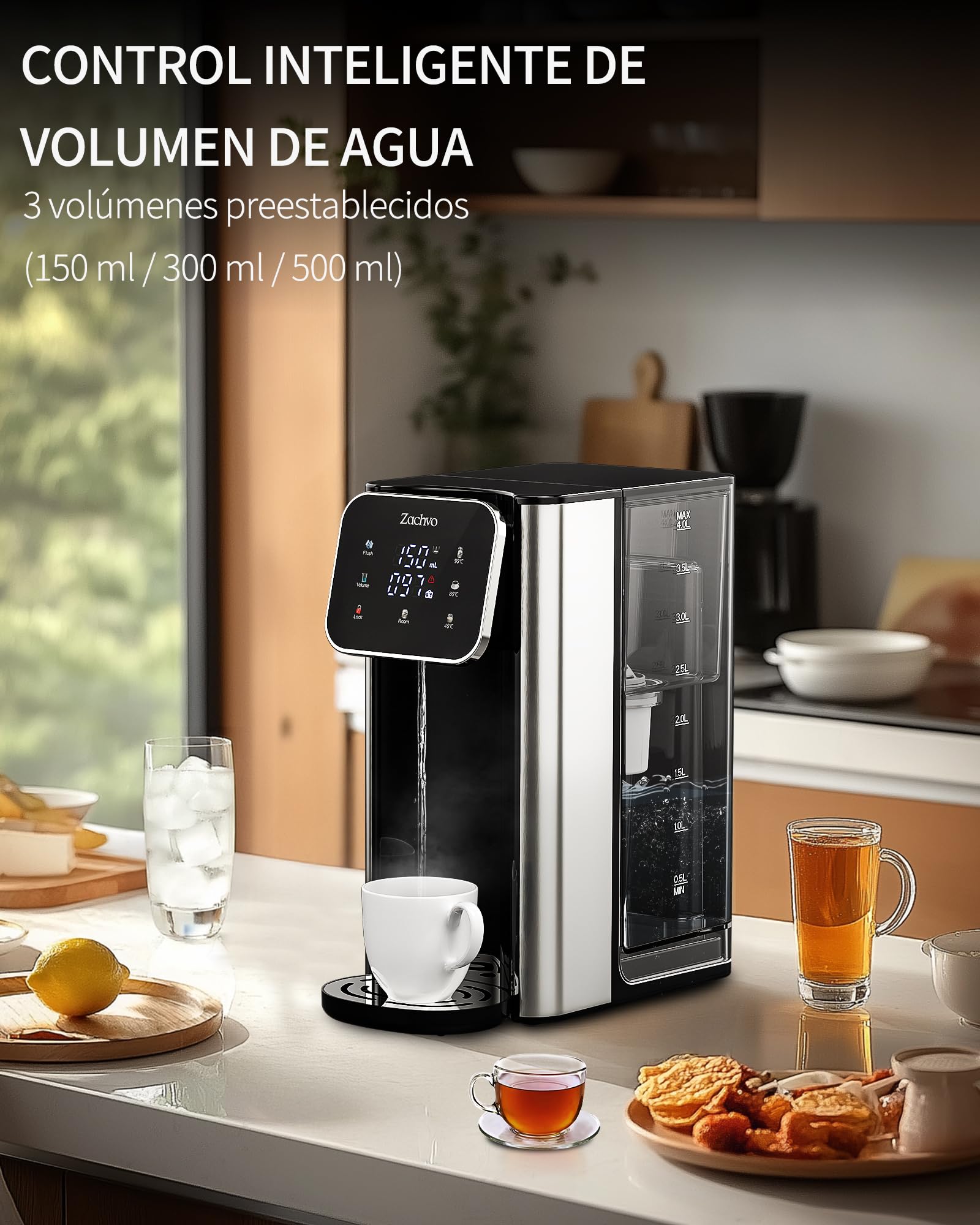 Dispensador de Agua Caliente UR05-2200W Agua Caliente en Segundos, 4 Niveles de Temperatura y 3 Cantidades de Agua, Depósito de 4L, Compacto, Filtro de Carbón Activo, para Cocina y Oficina