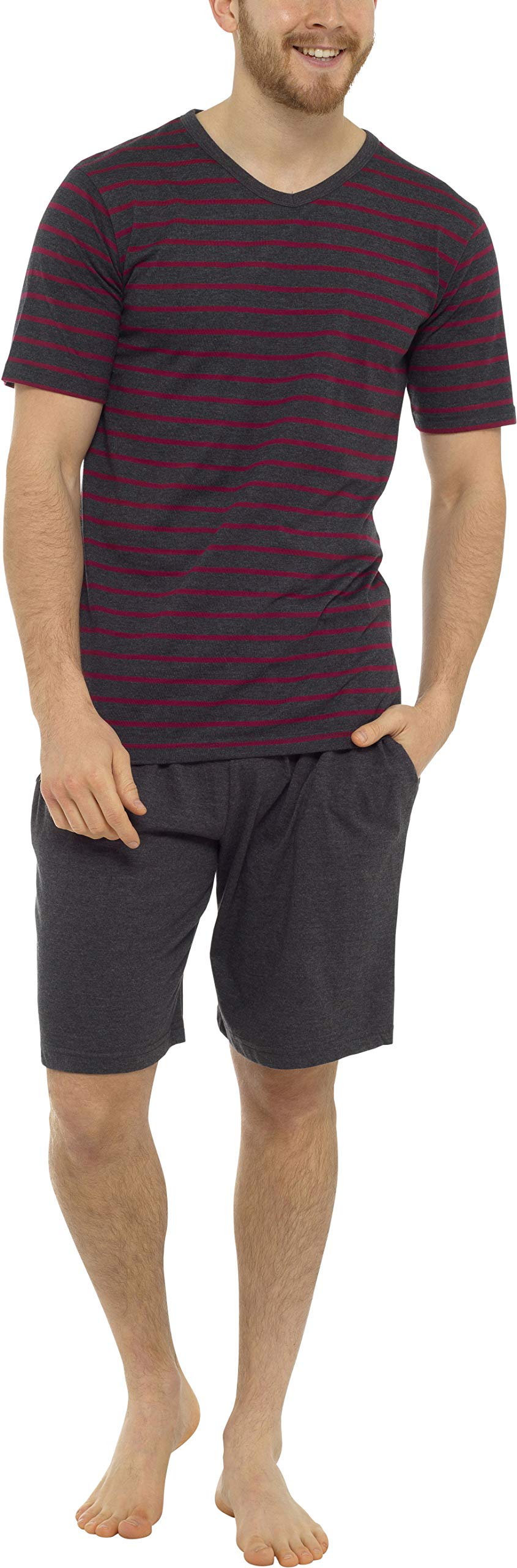 Tom Franks Men's Grey Marl & Red Striped Cotton Jersey T Shirt & Short Pyjamas XX-Large