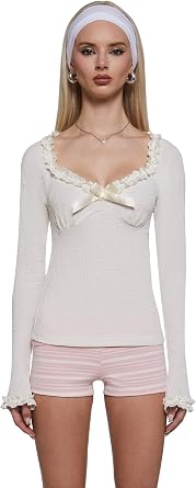 Dolls Kill Forever Yours Long Sleeve Top by Sugar Thrillz Womens Cropped Lace Trim Top with Satin Bow Detail