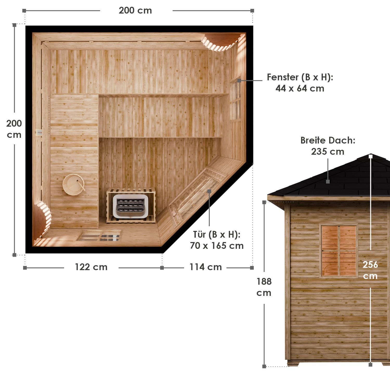 Artsauna Gartensauna Eldur mit 8 kW Ofen, Beleuchtung & Zubehör - Saunahaus aus Fichtenholz - Außensauna für 4 Personen - Outdoor Sauna 200x200x256 cm