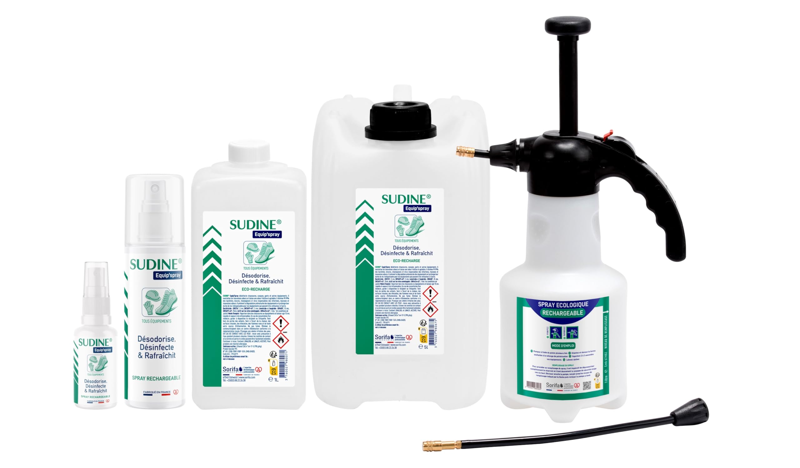 Lot de 6 - Sudine Equip’spray - Désodorise, désinfecte, rafraichit - Chaussures, casques, gants, équipements - Spray rechargeable – Sans gaz - Fabriqué en France - Spray 50 ml
