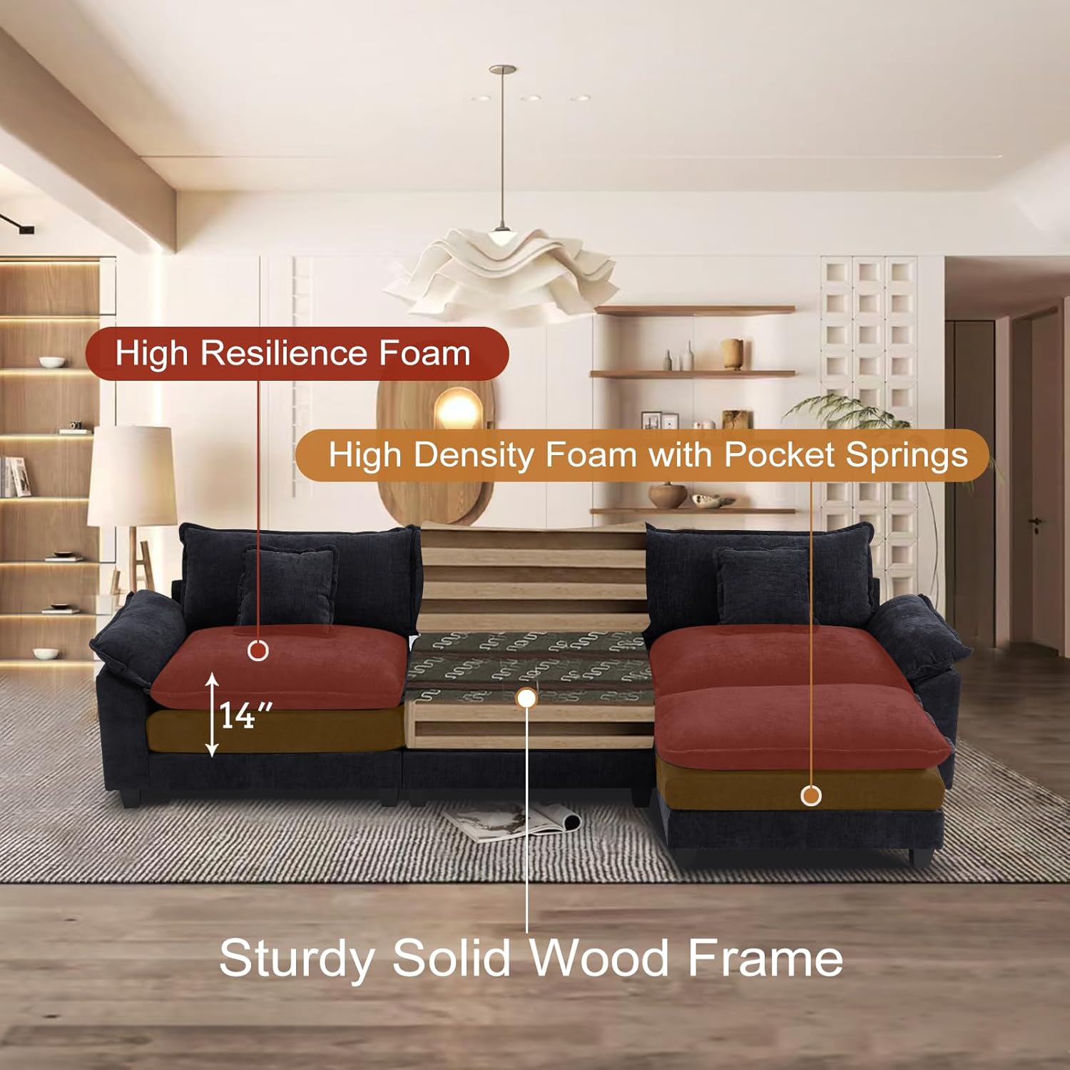 Furniliving 120‘’ L-Shaped Sofa, Luxury Chenille Modular Sectional Couches with Ottoman, Upholstered Deep Seat Sleeper Sofa with Memory Foam and Waist Pillows, Black